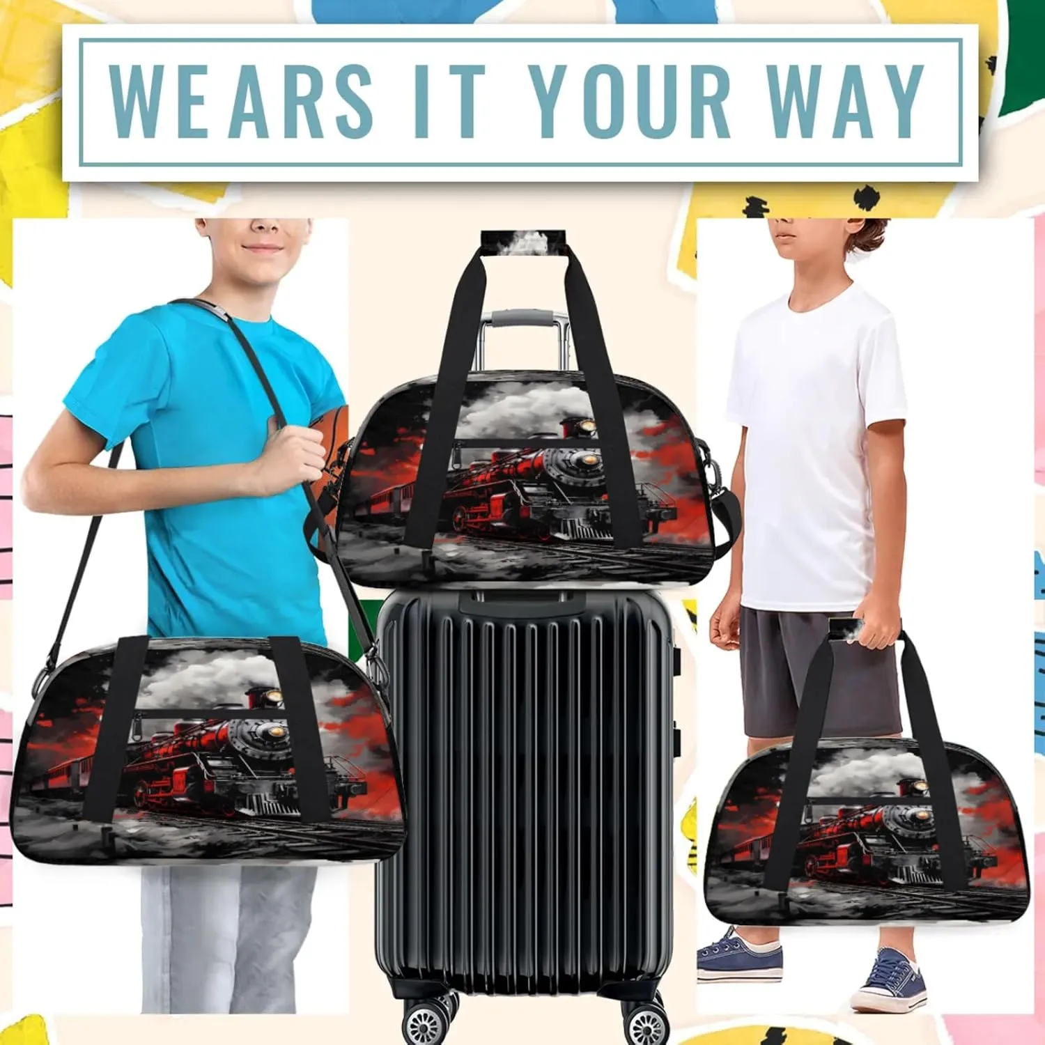 Steam Engine Small Gym Bag 18 inch Carry On Duffel Bag for Weekender Travel Sports Workout Yoga Gymnastics Dance Ballet