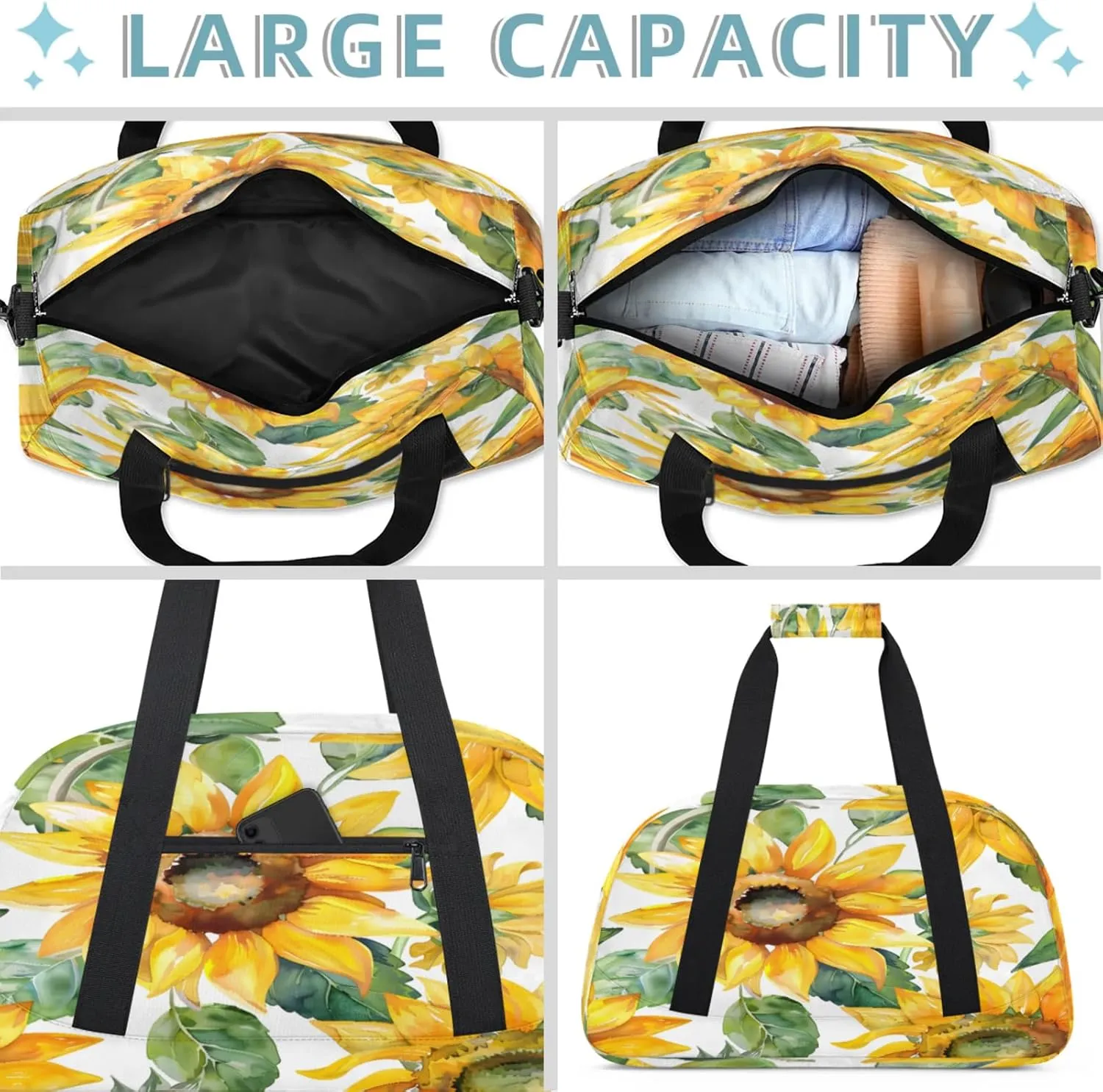 Sunflower Watercolor Flowers Small Gym Bag 18 inch Carry On Duffel Bag for Weekender Travel Sports Workout Yoga Gymnastics Dance Ballet