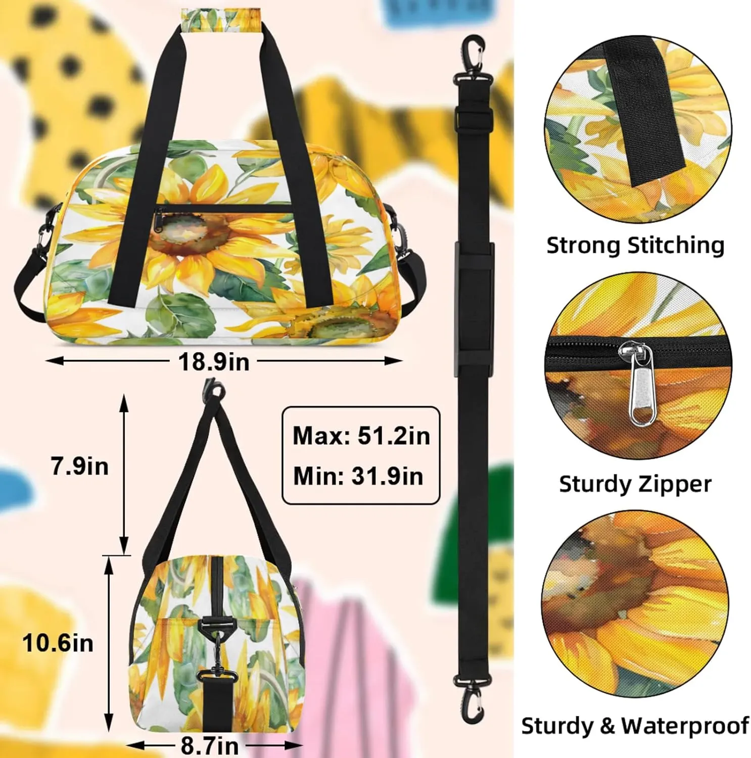 Sunflower Watercolor Flowers Small Gym Bag 18 inch Carry On Duffel Bag for Weekender Travel Sports Workout Yoga Gymnastics Dance Ballet