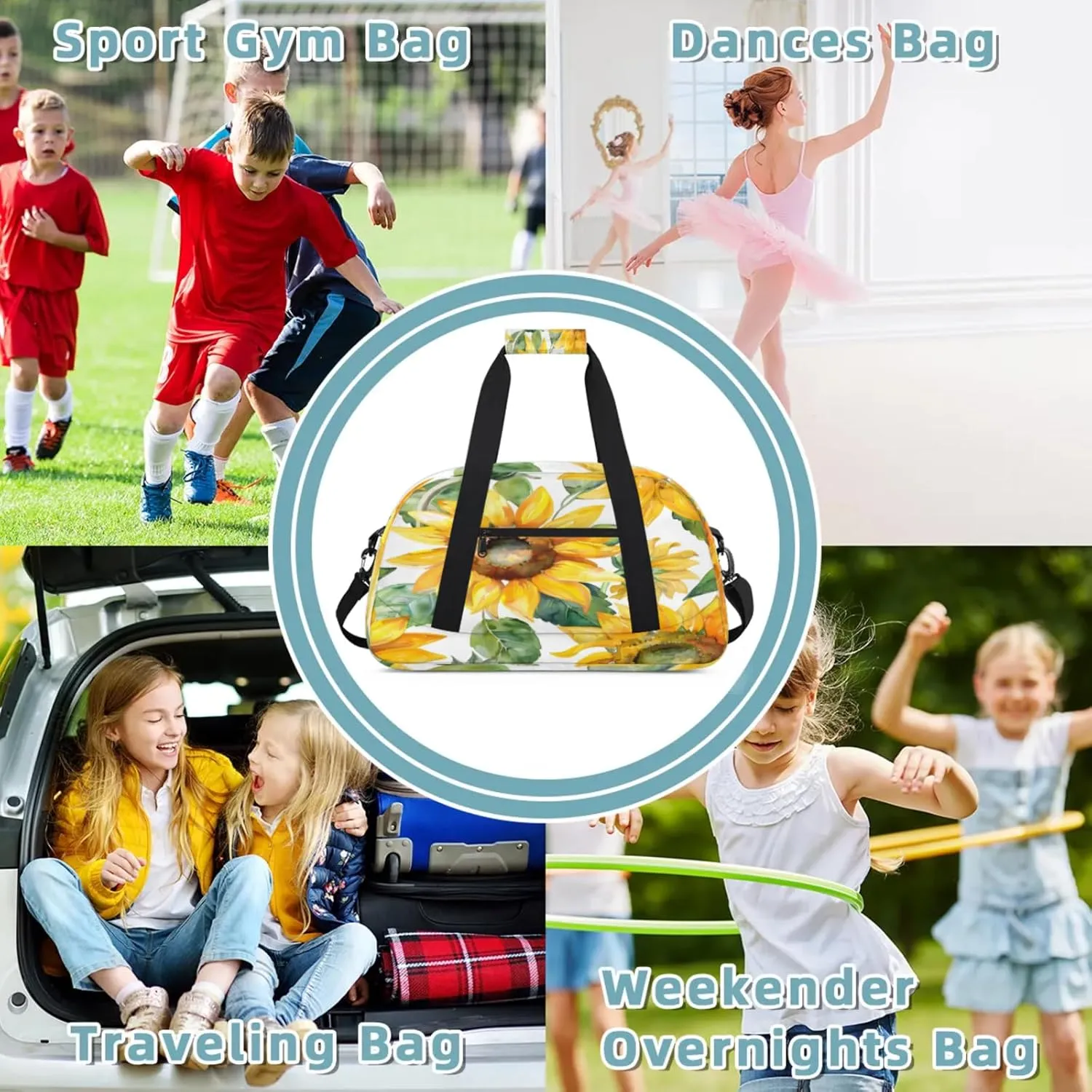 Sunflower Watercolor Flowers Small Gym Bag 18 inch Carry On Duffel Bag for Weekender Travel Sports Workout Yoga Gymnastics Dance Ballet
