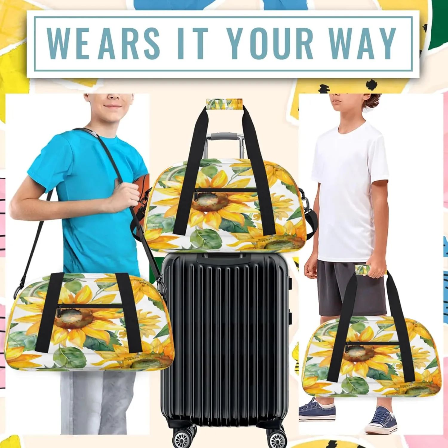 Sunflower Watercolor Flowers Small Gym Bag 18 inch Carry On Duffel Bag for Weekender Travel Sports Workout Yoga Gymnastics Dance Ballet