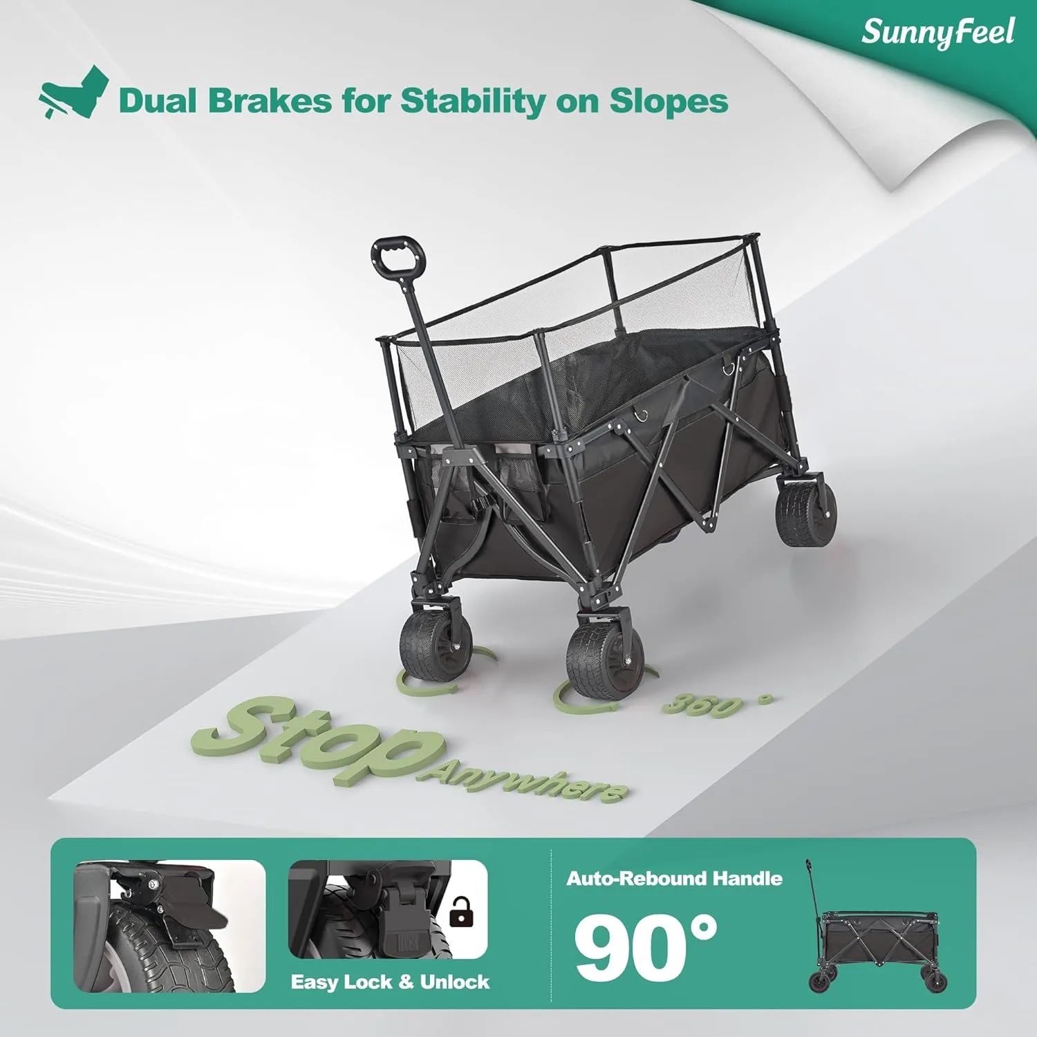 SunnyFeel Heavy Duty Collapsible Outdoor Utility Wagon Cart 500LB Capacity Adjustable Handlebar,Foldable Beach Wheels Stable Durable Oxford Fabric for Shopping Garden Camping (Black, Tall Version)