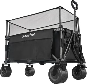 SunnyFeel Heavy Duty Collapsible Outdoor Utility Wagon Cart 500LB Capacity Adjustable Handlebar,Foldable Beach Wheels Stable Durable Oxford Fabric for Shopping Garden Camping (Black, Tall Version)