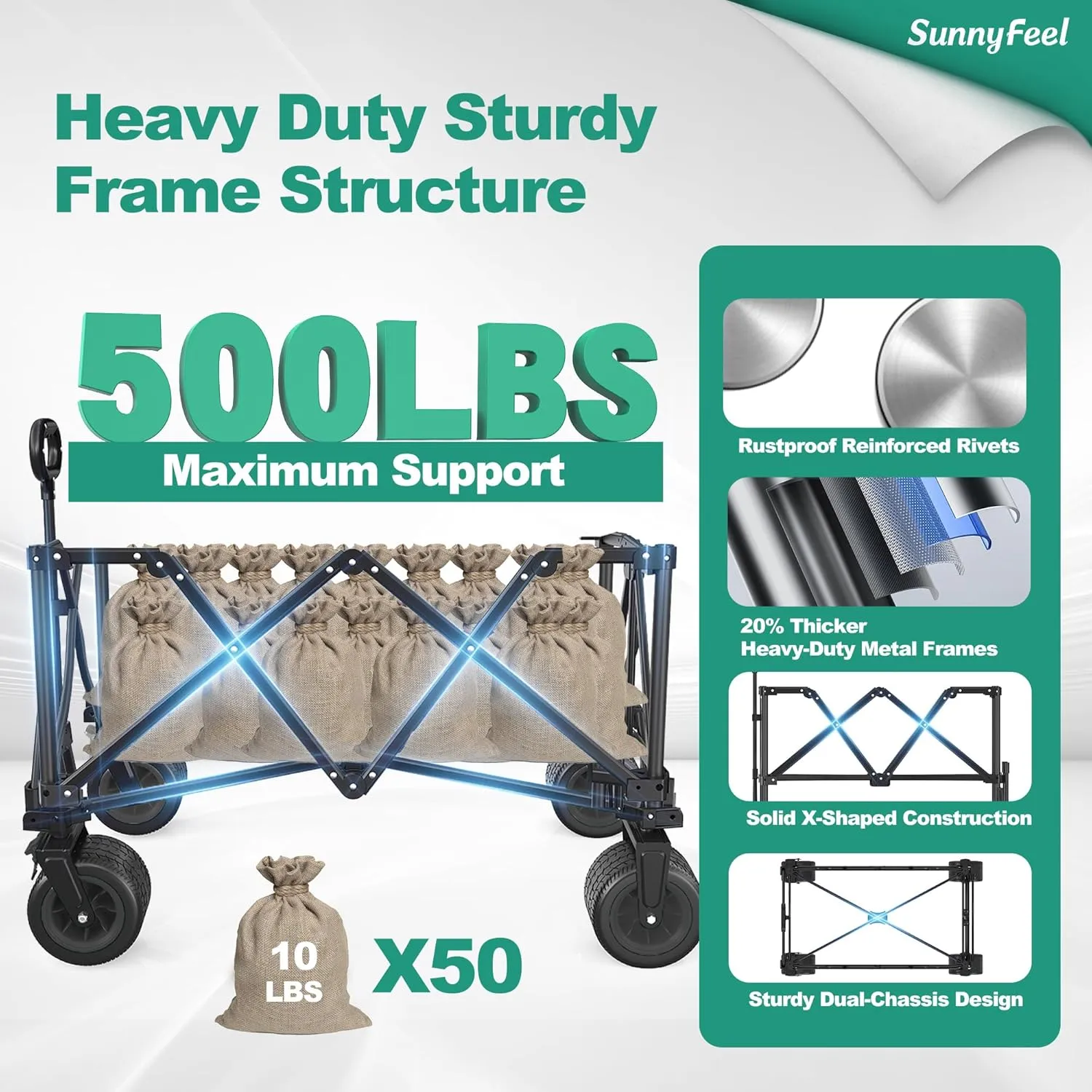 SunnyFeel Heavy Duty Collapsible Outdoor Utility Wagon Cart 500LB Capacity Adjustable Handlebar,Foldable Beach Wheels Stable Durable Oxford Fabric for Shopping Garden Camping (Black, Tall Version)