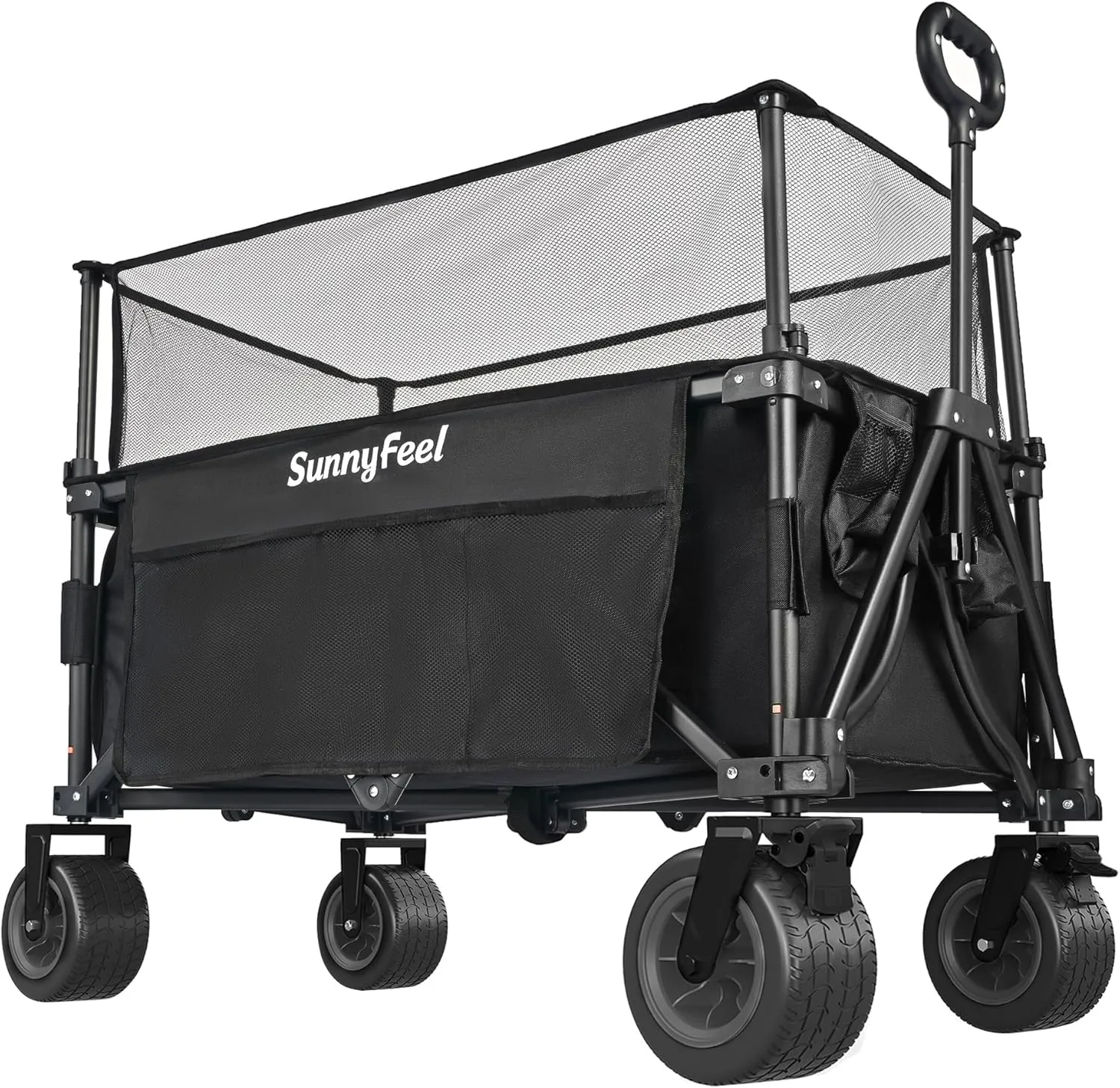 SunnyFeel Heavy Duty Collapsible Outdoor Utility Wagon Cart 500LB Capacity Adjustable Handlebar,Foldable Beach Wheels Stable Durable Oxford Fabric for Shopping Garden Camping (Black, Tall Version)