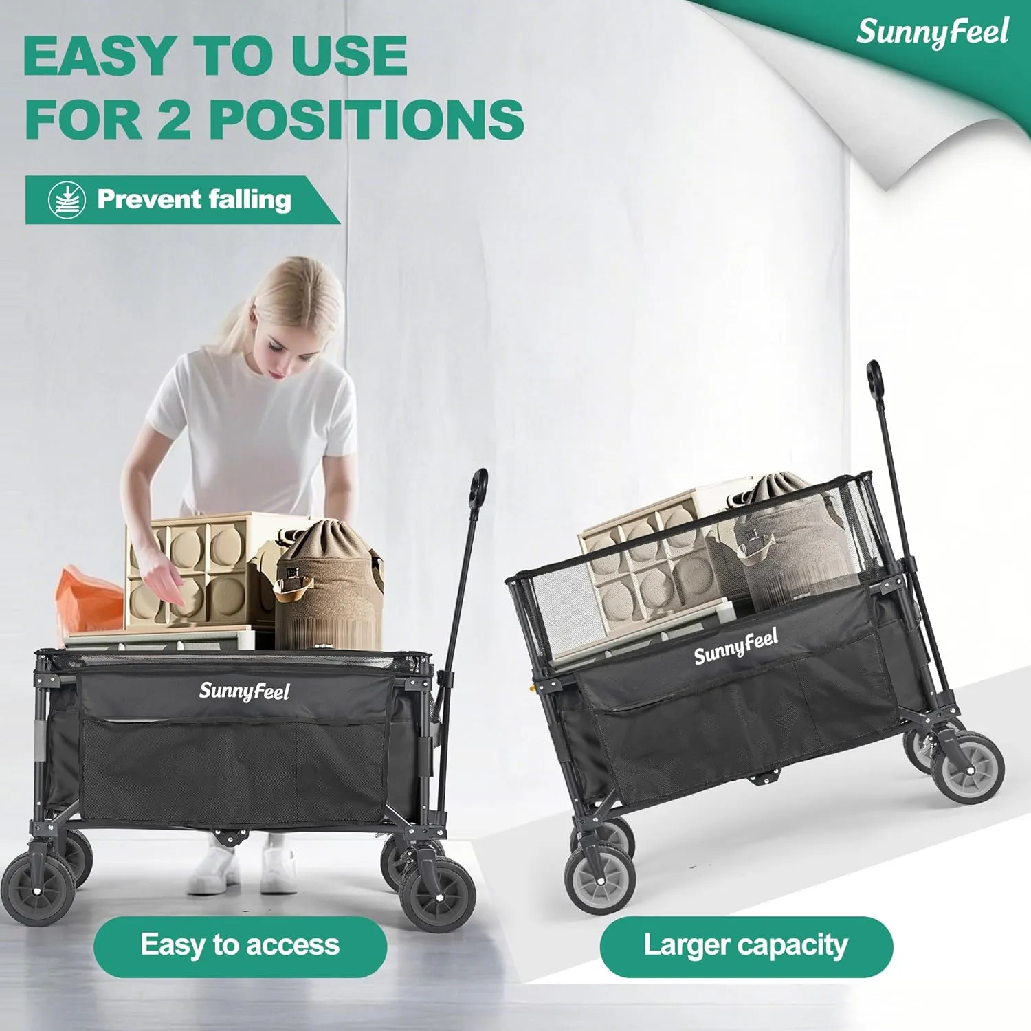 SunnyFeel Heavy Duty Collapsible Outdoor Utility Wagon Cart 500LB Capacity Adjustable Handlebar,Foldable Beach Wheels Stable Durable Oxford Fabric for Shopping Garden Camping (Black, Tall Version)