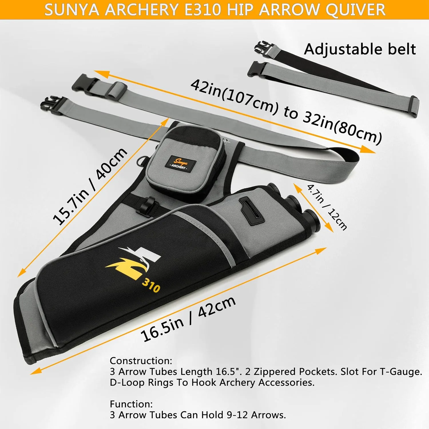 SUNYA Archery Hip Quiver for Arrows. Includes 3 Tubes Arrow Holder, Accessories Pockets and Waist Belt. Fit for Compound and Recurve Bow Practice.