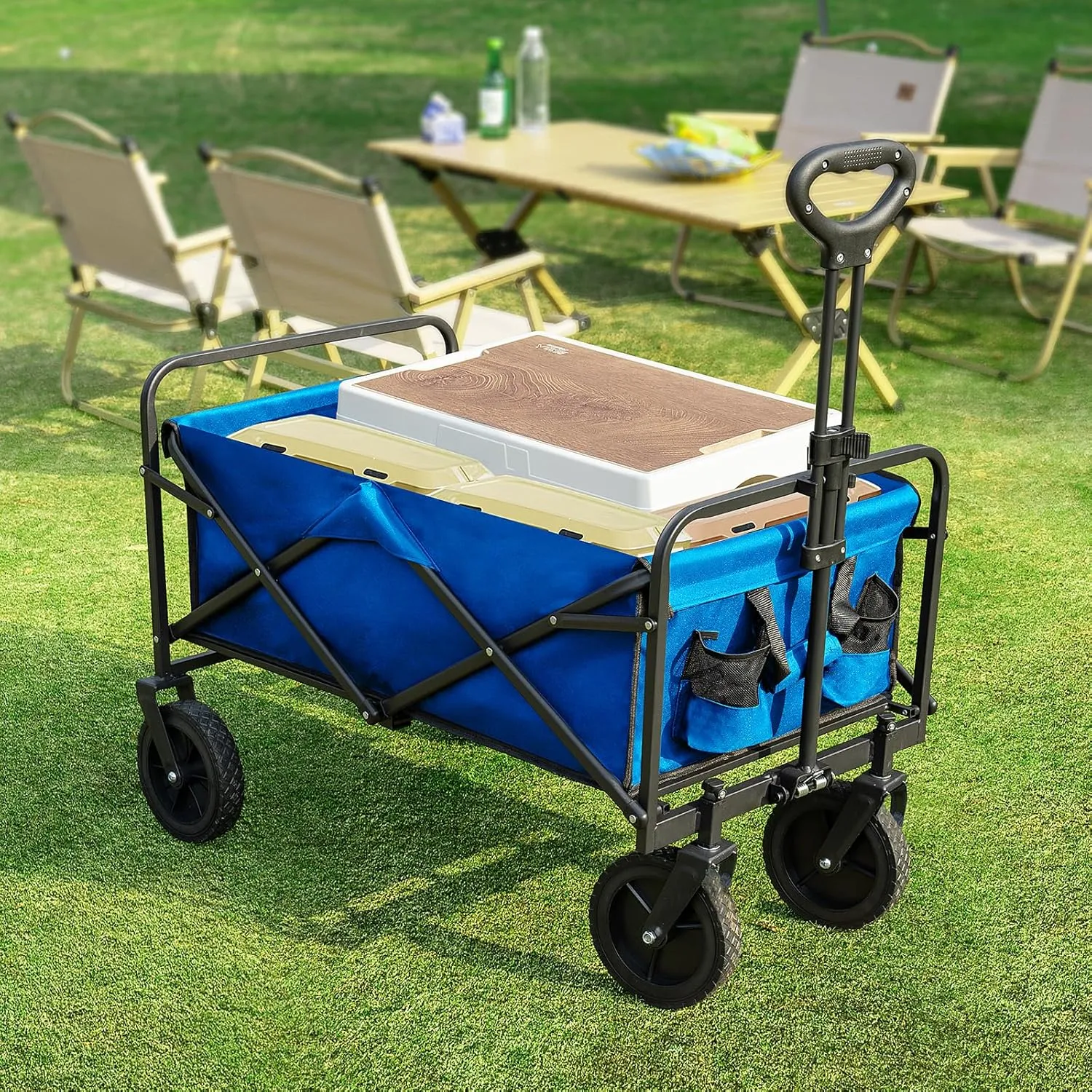 Sweetcrispy Foldable Wagon Cart, Collapsible Large Capacity Garden Beach Cart with All-Terrain Wheels, Heavy Duty Utility Grocery Wagon with Drink Holders for Shopping Sports Camping