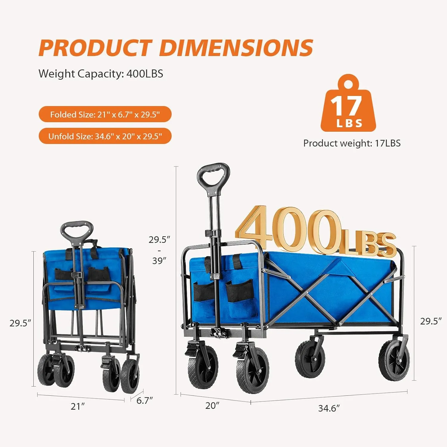 Sweetcrispy Foldable Wagon Cart, Collapsible Large Capacity Garden Beach Cart with All-Terrain Wheels, Heavy Duty Utility Grocery Wagon with Drink Holders for Shopping Sports Camping