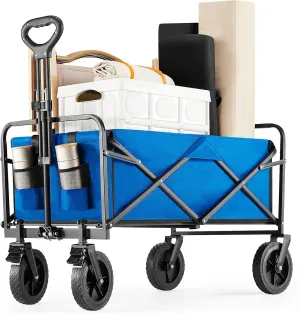 Sweetcrispy Foldable Wagon Cart, Collapsible Large Capacity Garden Beach Cart with All-Terrain Wheels, Heavy Duty Utility Grocery Wagon with Drink Holders for Shopping Sports Camping