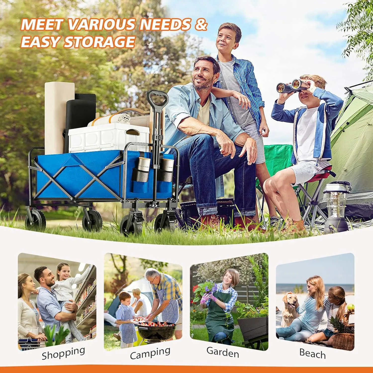 Sweetcrispy Foldable Wagon Cart, Collapsible Large Capacity Garden Beach Cart with All-Terrain Wheels, Heavy Duty Utility Grocery Wagon with Drink Holders for Shopping Sports Camping