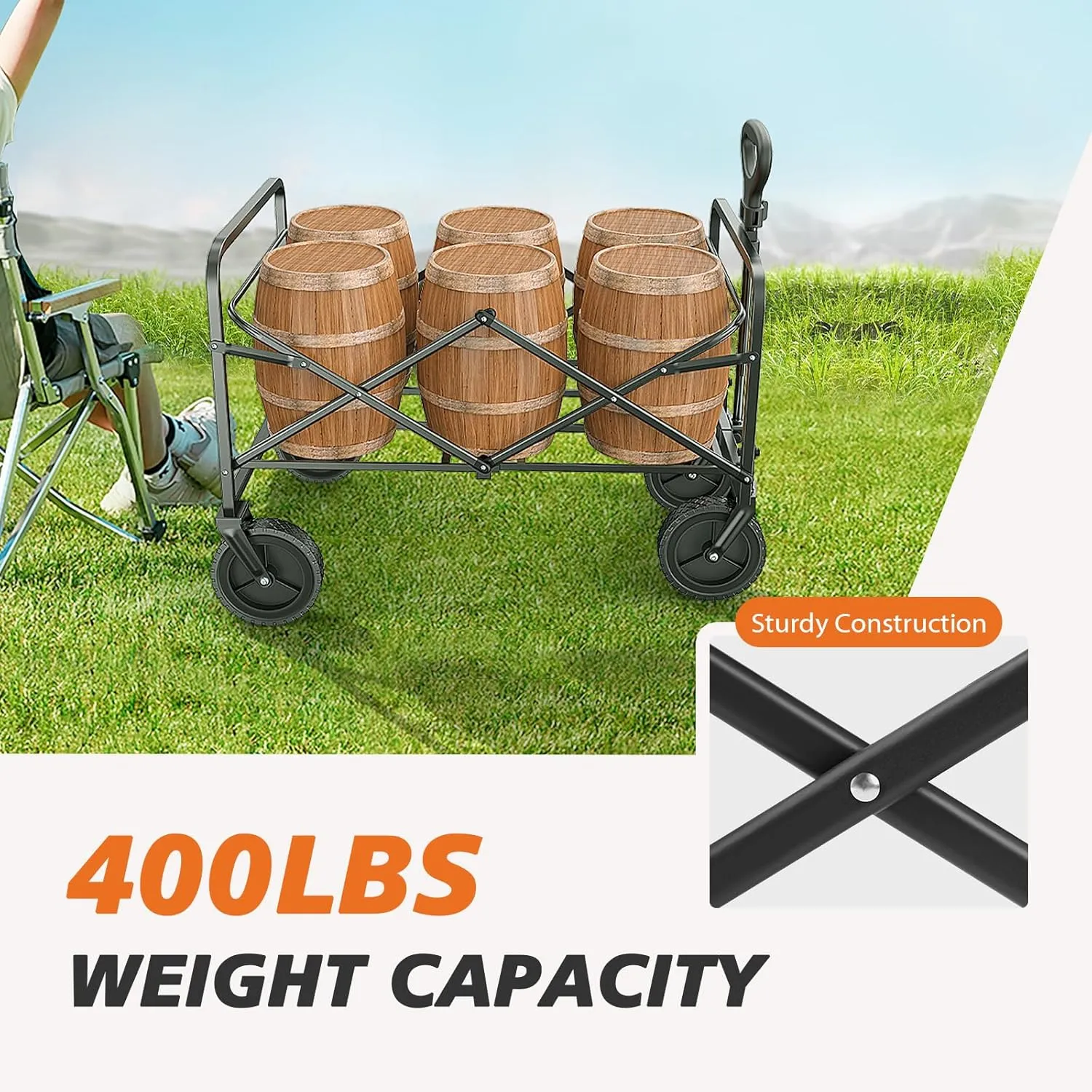 Sweetcrispy Foldable Wagon Cart, Collapsible Large Capacity Garden Beach Cart with All-Terrain Wheels, Heavy Duty Utility Grocery Wagon with Drink Holders for Shopping Sports Camping