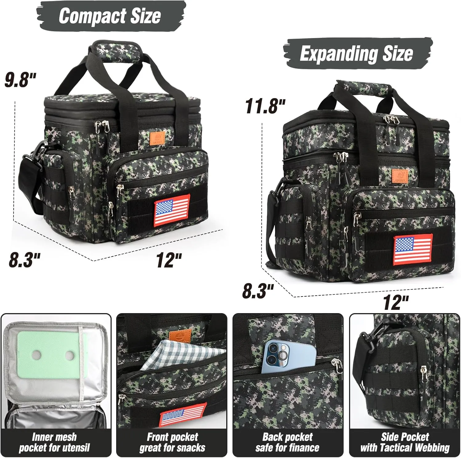 Tactical Lunch Box for Men, Expandable Heavy Duty Double Deck Tactical Lunch Bag with Shoulder Strap, Leakproof & Insulated Lunch Cooler Bag for Adult Work Fishing Picnic Travel,20L (Camo)