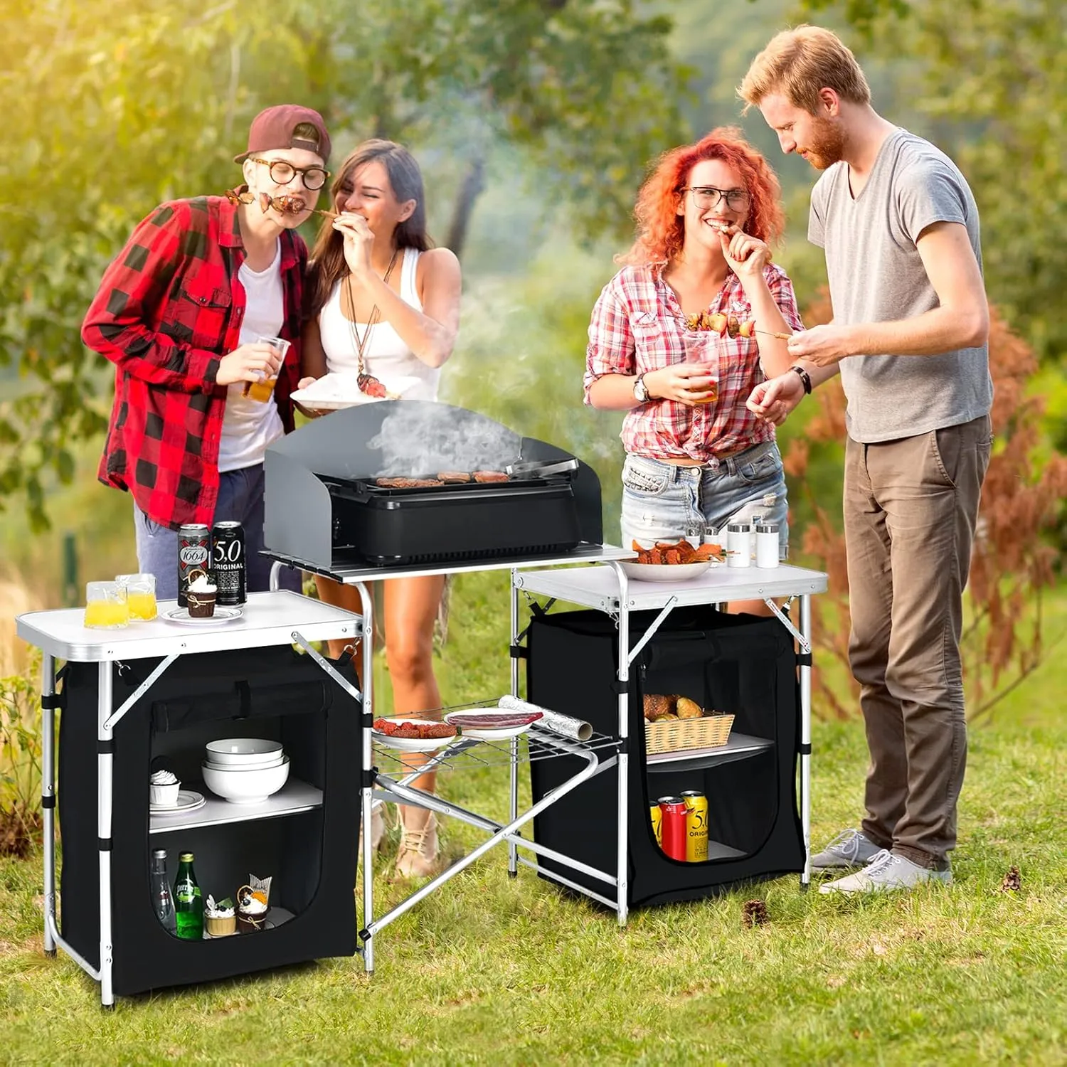 Tangkula Folding Camping Table, 2-Tier Aluminum Camping Kitchen Table with Windscreen, Cook Station, Portable Camp Cook Table with Storage Organizer Shelves, Carry Bag, Ideal for Picnic, BBQ, Party