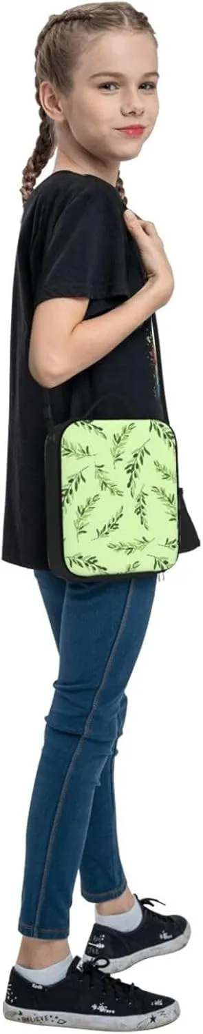 Thermal Insulation One Shoulder Bento Bag Wear Resistance Light Weight Lunch Bag, Shoulder Strap Adjustable Lunch Box Suitable Work Picnics for Woman Man Green Willow Leaves