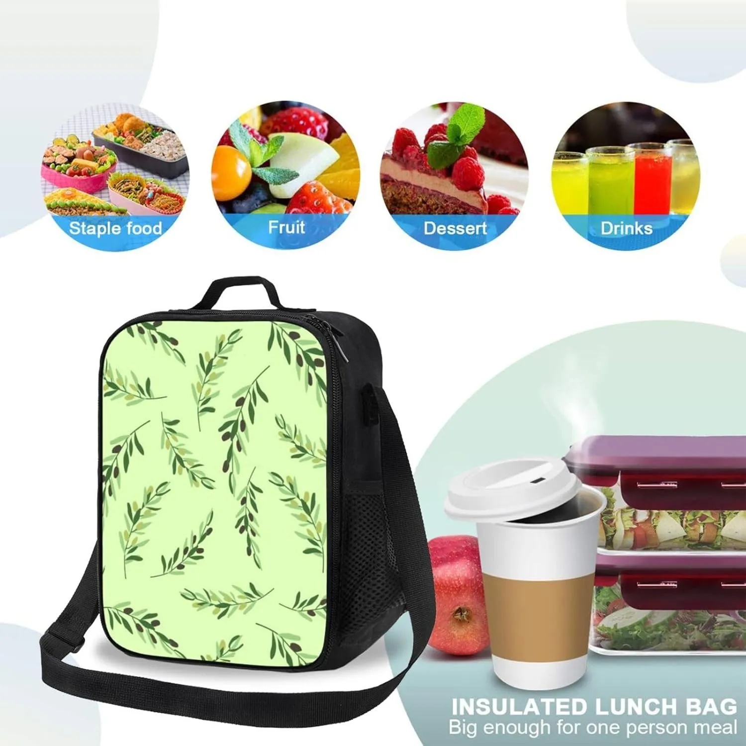 Thermal Insulation One Shoulder Bento Bag Wear Resistance Light Weight Lunch Bag, Shoulder Strap Adjustable Lunch Box Suitable Work Picnics for Woman Man Green Willow Leaves
