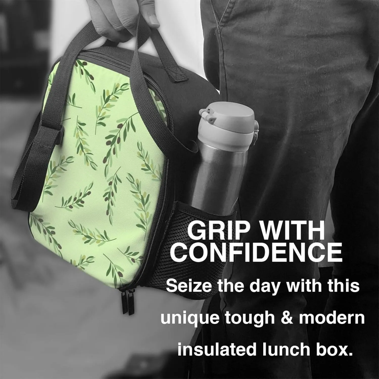 Thermal Insulation One Shoulder Bento Bag Wear Resistance Light Weight Lunch Bag, Shoulder Strap Adjustable Lunch Box Suitable Work Picnics for Woman Man Green Willow Leaves