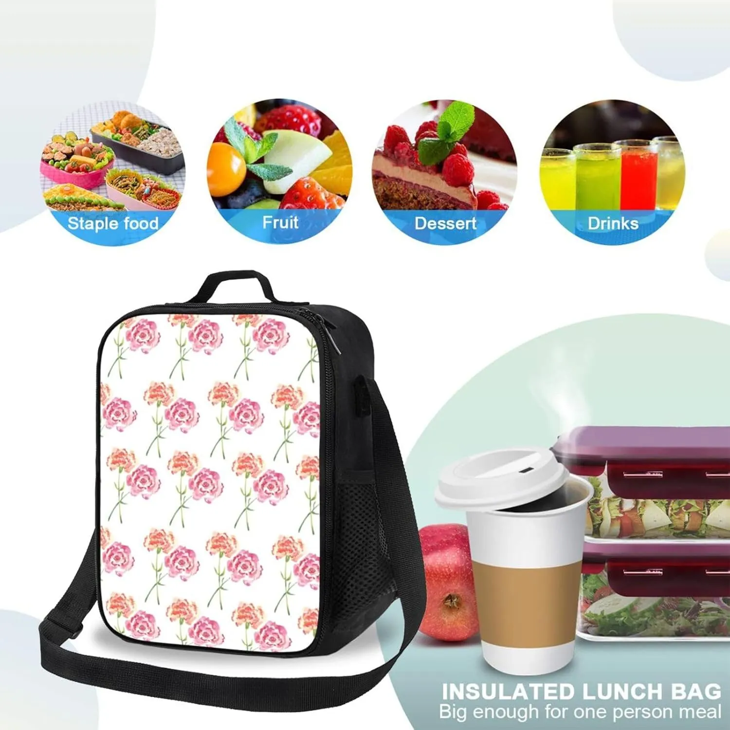 Thermal Insulation One Shoulder Bento Bag Wear Resistance Light Weight Lunch Bag, Shoulder Strap Adjustable Lunch Box Suitable Work Picnics for Woman Man Yellow Pollen Flower