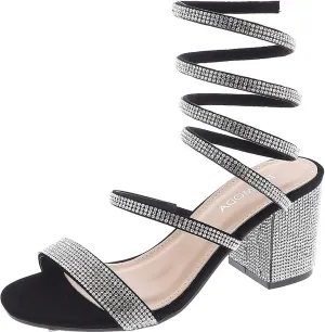 TOP Moda Women's Rhinestone Strappy Spiral Ankle Strap Low Chunky Block Heel Sandals