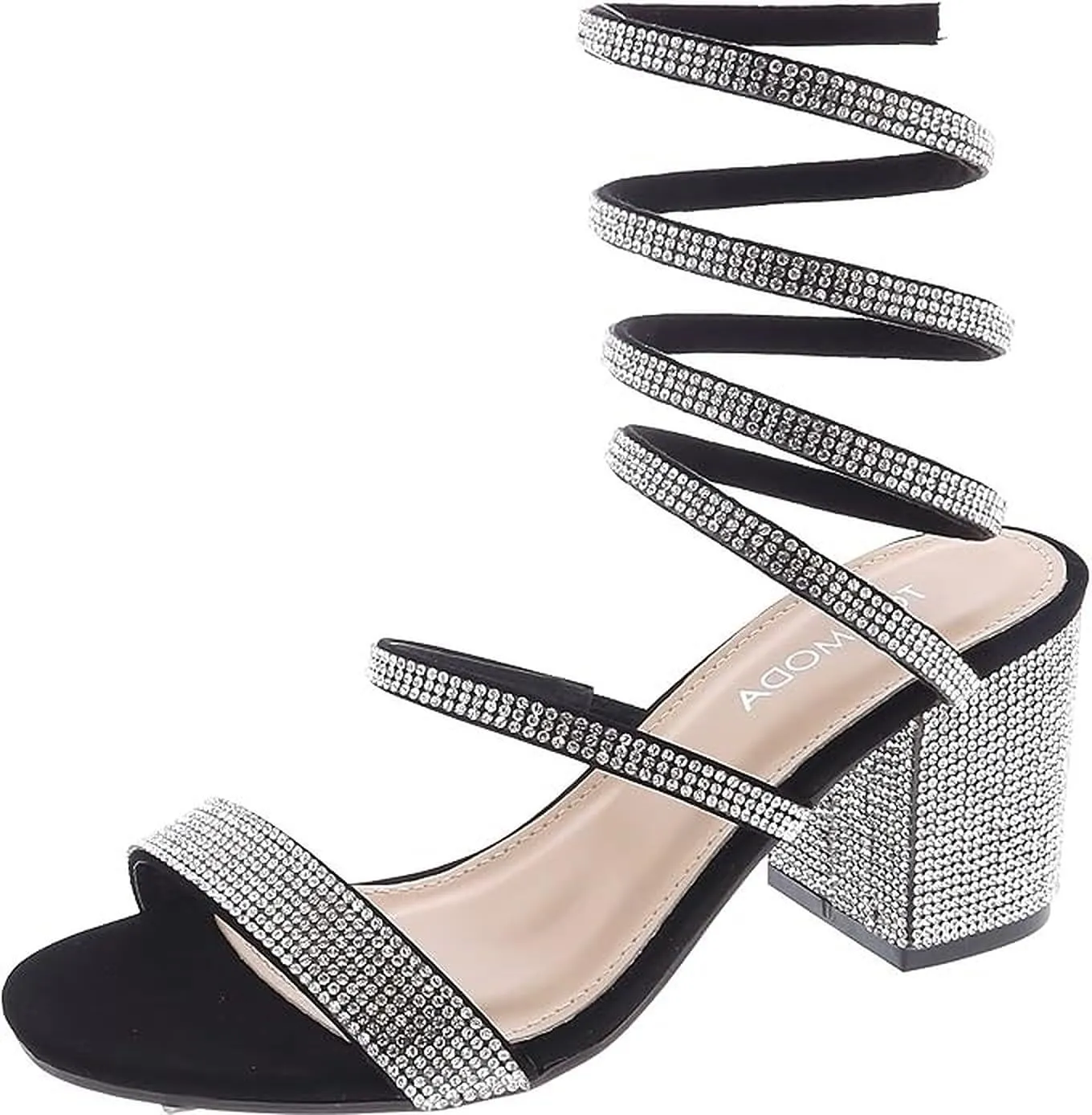 TOP Moda Women's Rhinestone Strappy Spiral Ankle Strap Low Chunky Block Heel Sandals