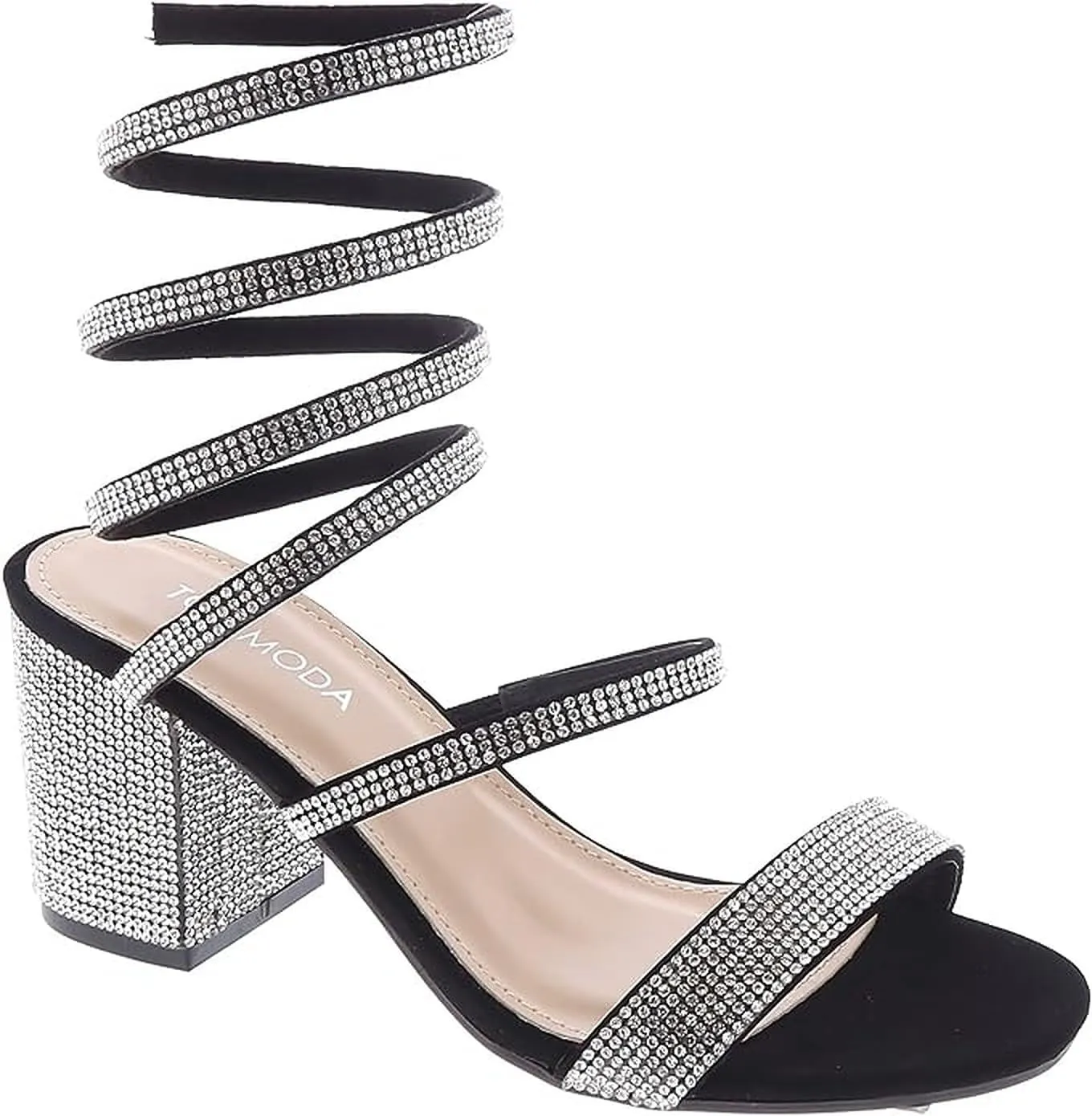 TOP Moda Women's Rhinestone Strappy Spiral Ankle Strap Low Chunky Block Heel Sandals