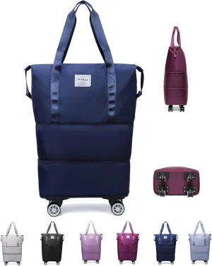 Travel Bag with Wheels - Expandable Foldie Wheeled Duffel 28-58L, Spinner Wheels, Waterproof - Perfect Carry On Luggage for Weekend Trips, Gym, Camping (Dark Blue)