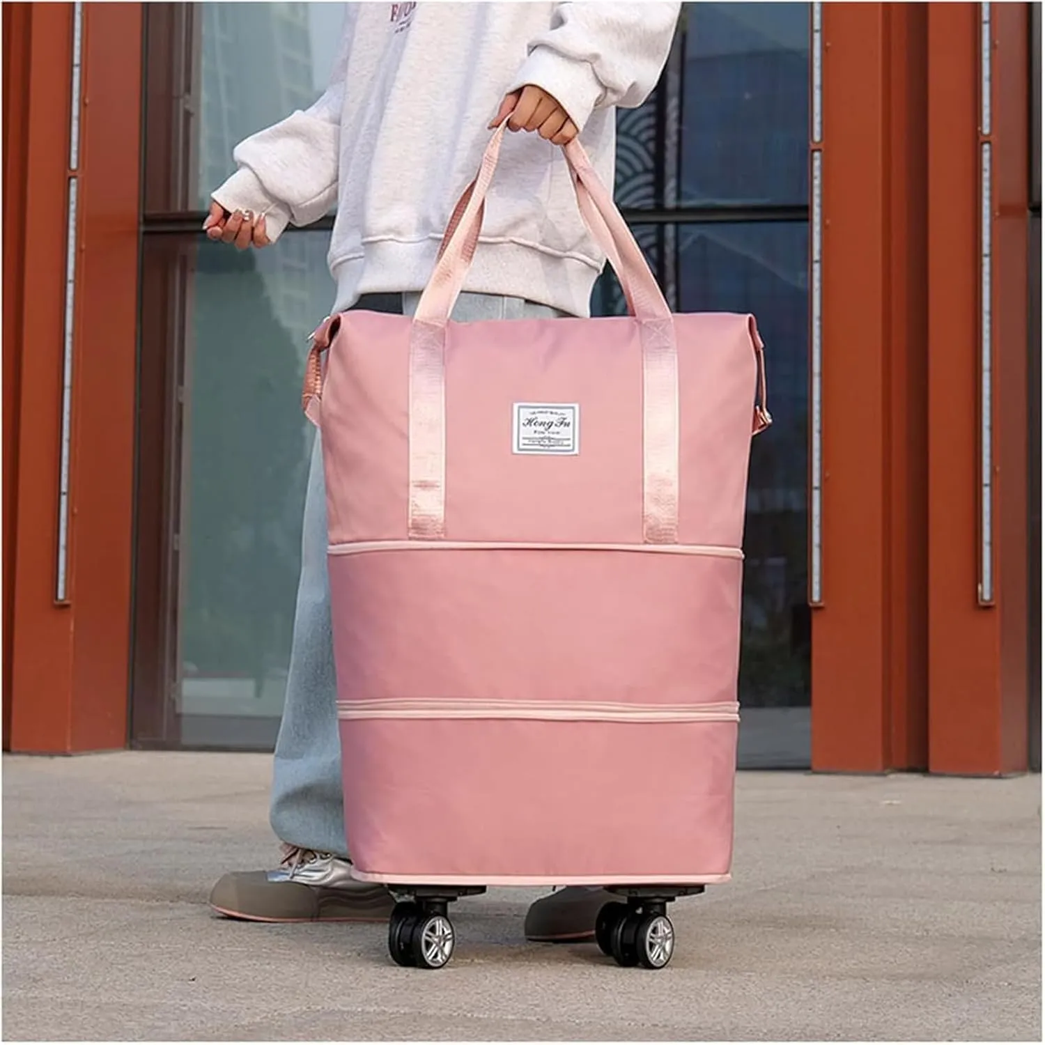 Travel Bag with Wheels - Expandable Foldie Wheeled Duffel 28-58L, Spinner Wheels, Waterproof - Perfect Carry On Luggage for Weekend Trips, Gym, Camping (Dark Blue)