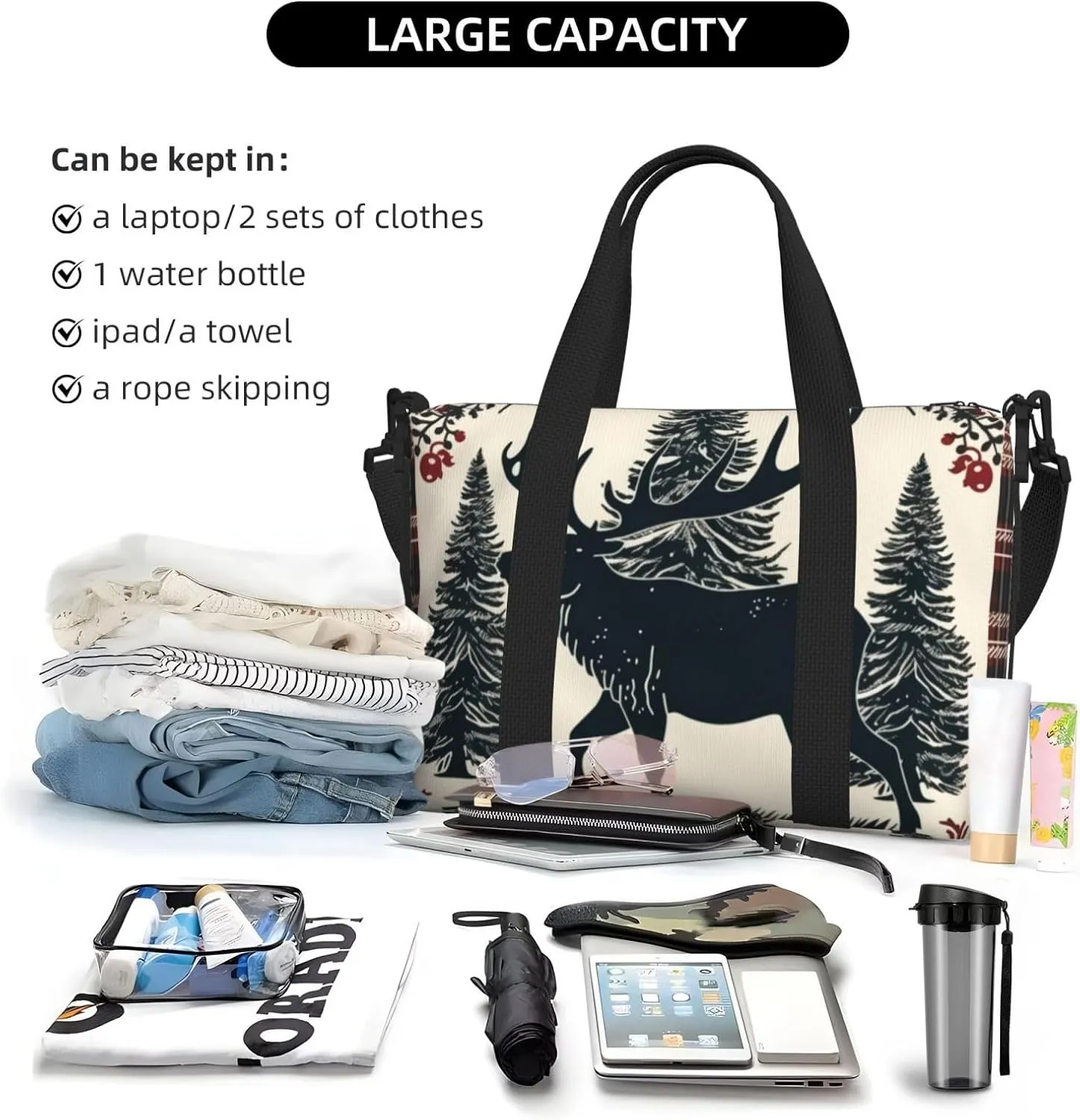 Travel Duffle Bag Buffalo Christmas Deer Weekender Overnight Bags Luggage Bag for Women Men Waterproof Sports Gym Bag Hand Bag with Shoulder Strap