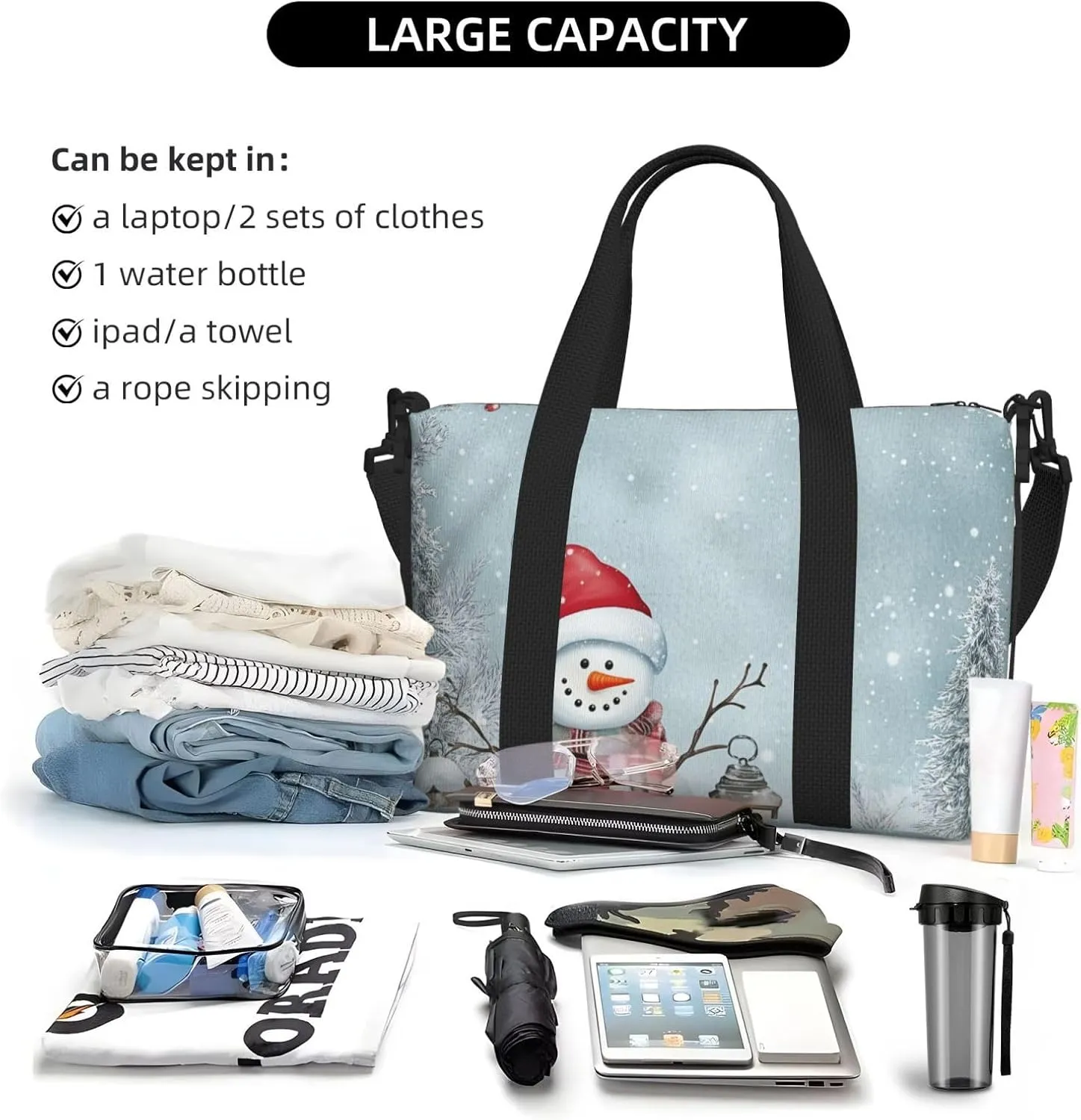 Travel Duffle Bag Christmas Snowman Weekender Overnight Bags Luggage Bag for Women Men Waterproof Sports Gym Bag Hand Bag with Shoulder Strap