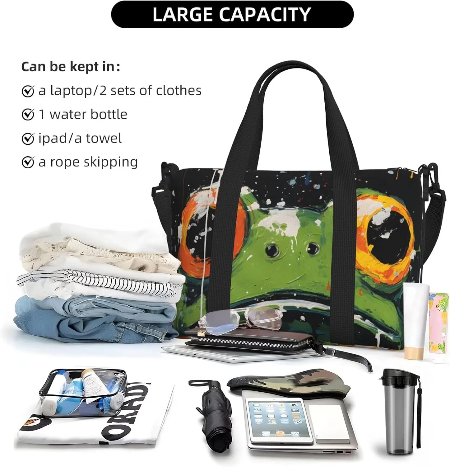 Travel Duffle Bag Cute Frog Animal Weekender Overnight Bags Luggage Bag for Women Men Waterproof Sports Gym Bag Hand Bag with Shoulder Strap