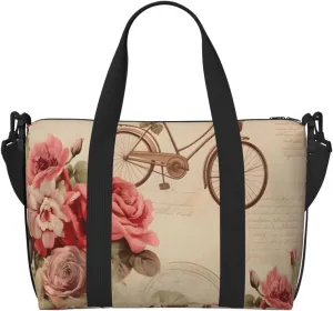 Travel Duffle Bag Vintage Floral Bike Weekender Overnight Bags Luggage Bag for Women Men Waterproof Sports Gym Bag Hand Bag with Shoulder Strap
