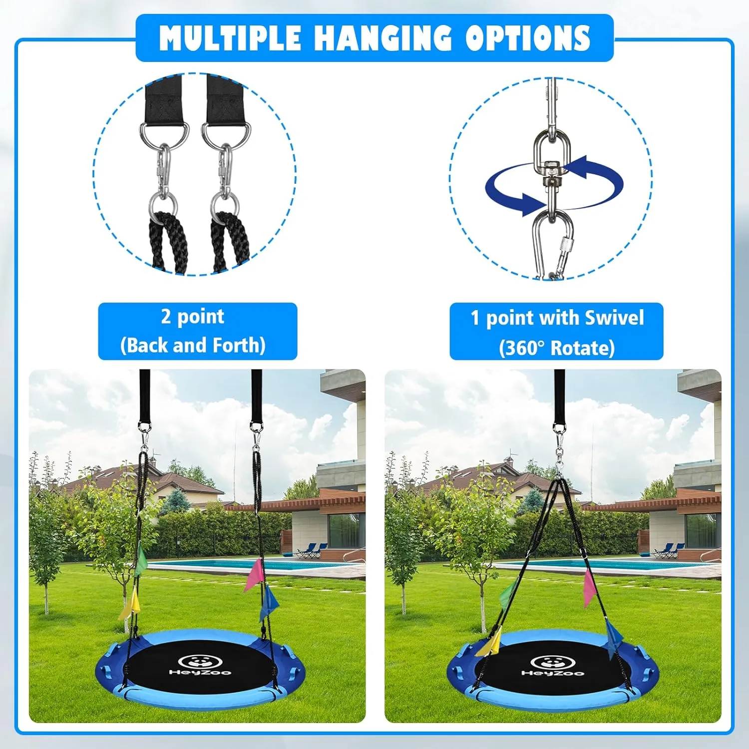 Tree Swing, Saucer Swing Sets 43 Inch for Kids, Come with 360 Degree Swivel and Adjustable Hanging Strap, for Outdoor, Blue and Cerulean