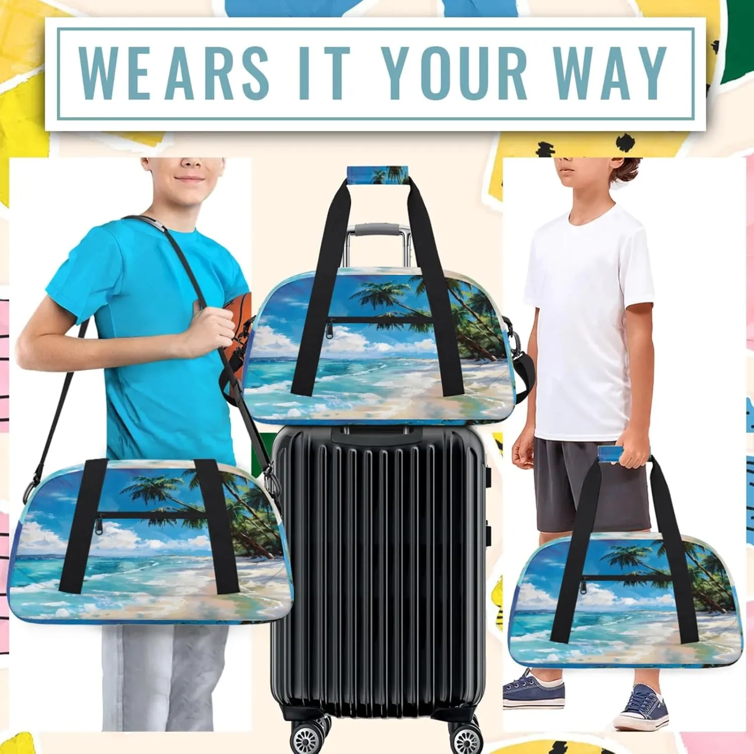 Tropical Beach Hawaiian Palm Trees Small Gym Bag 18 inch Carry On Duffel Bag for Weekender Travel Sports Workout Yoga Gymnastics Dance Ballet