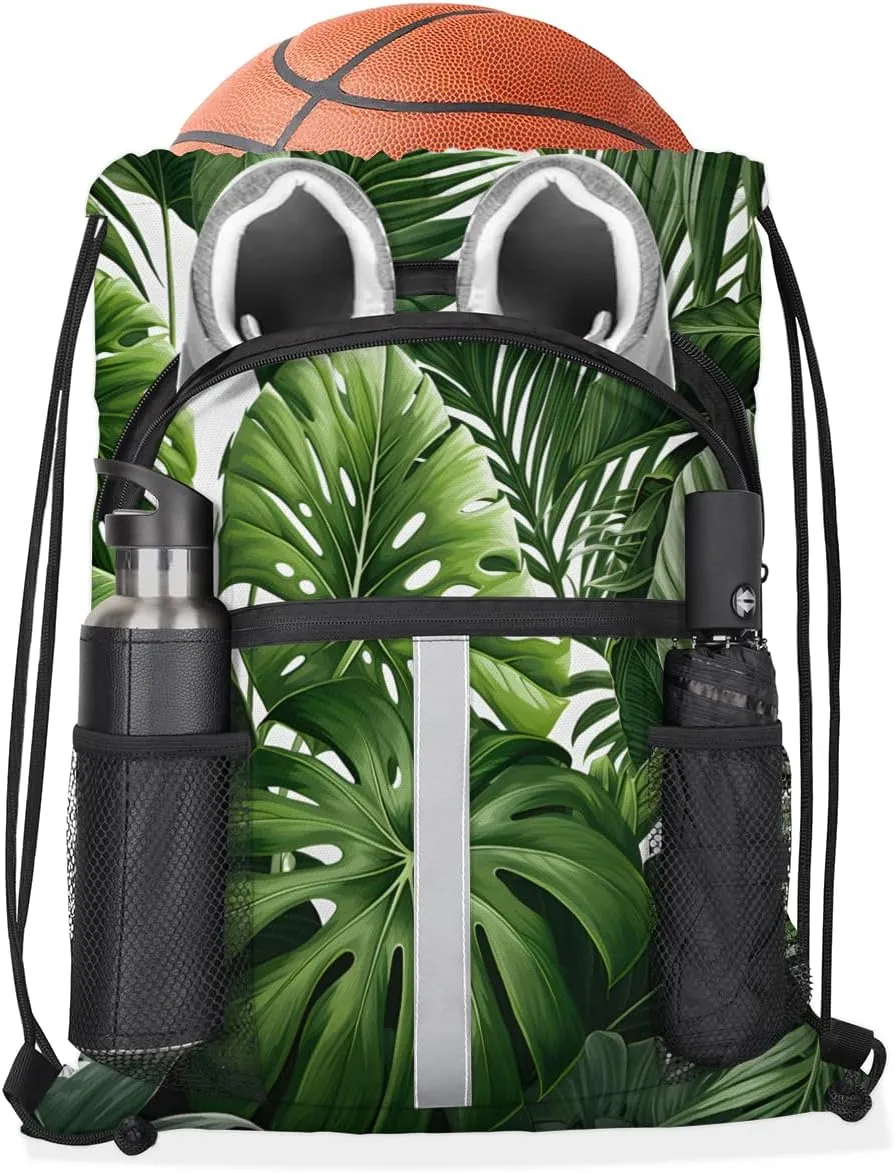 Tropical Green Plant Leaf Drawstring Backpack with Water Bottle Pocket Lightweight String Bag Botanical Jungle Design Sports Gym Swim Sackpack for Men Women