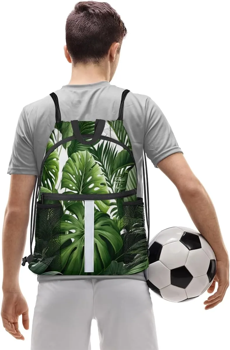 Tropical Green Plant Leaf Drawstring Backpack with Water Bottle Pocket Lightweight String Bag Botanical Jungle Design Sports Gym Swim Sackpack for Men Women