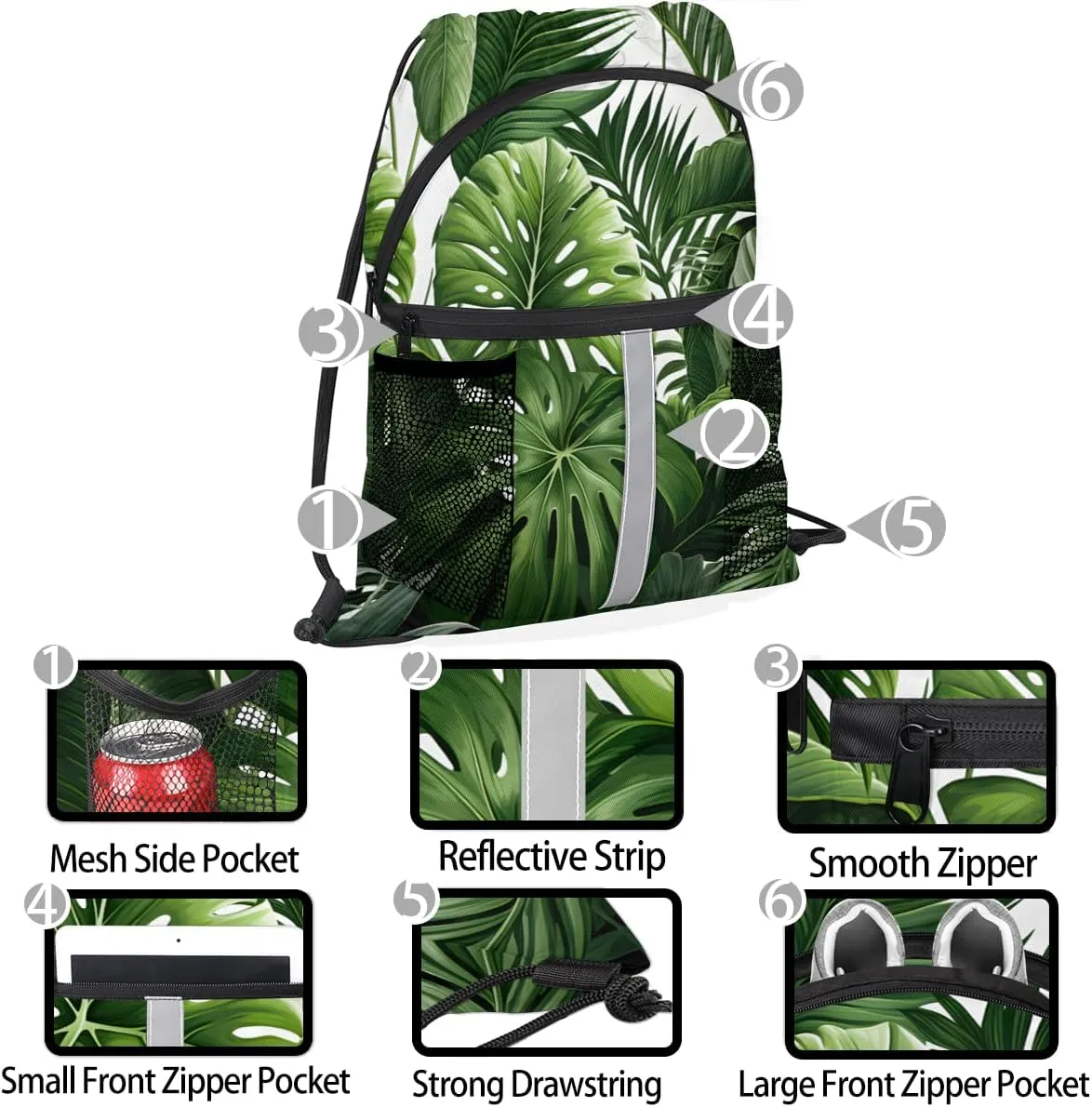 Tropical Green Plant Leaf Drawstring Backpack with Water Bottle Pocket Lightweight String Bag Botanical Jungle Design Sports Gym Swim Sackpack for Men Women