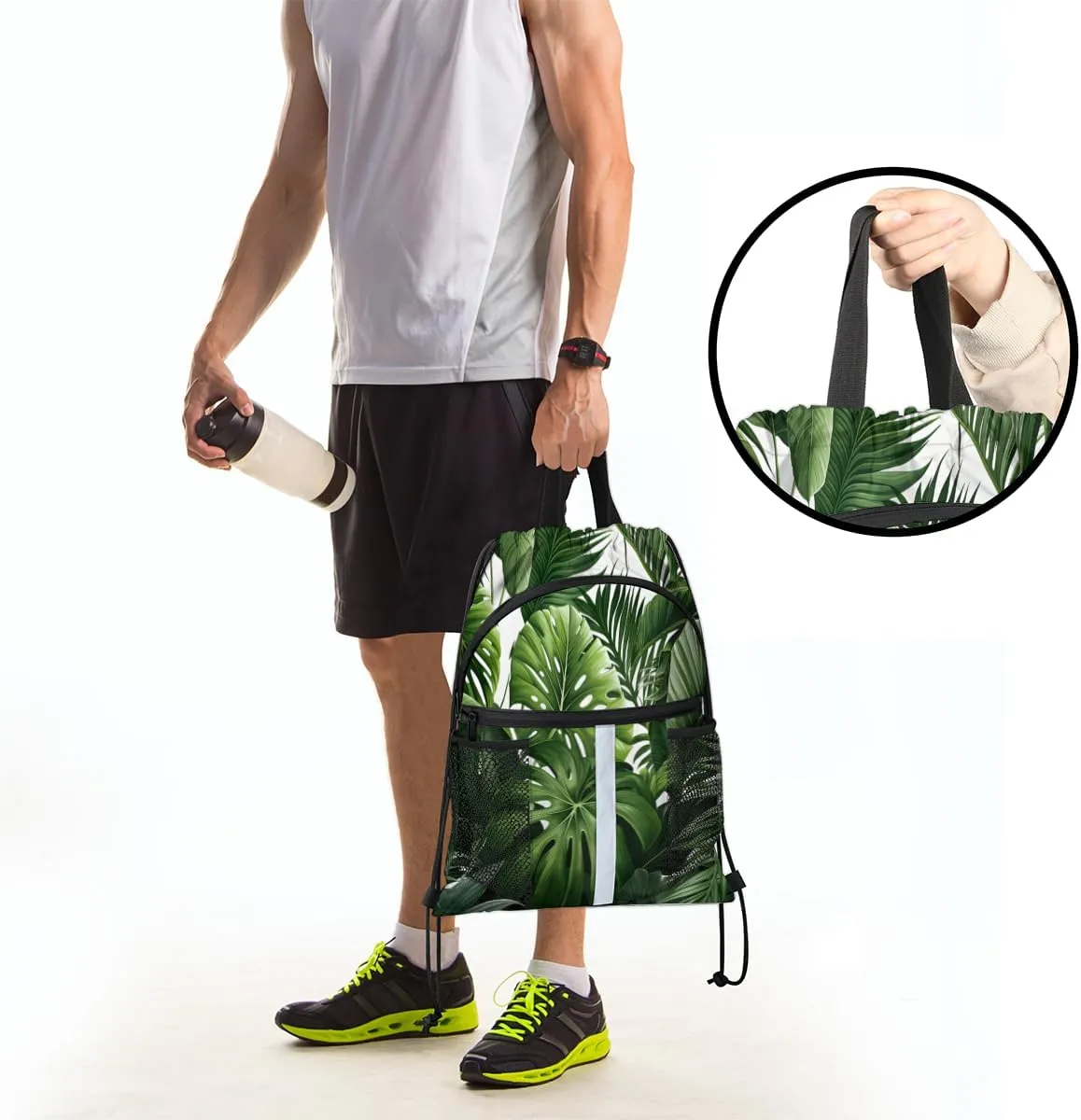 Tropical Green Plant Leaf Drawstring Backpack with Water Bottle Pocket Lightweight String Bag Botanical Jungle Design Sports Gym Swim Sackpack for Men Women