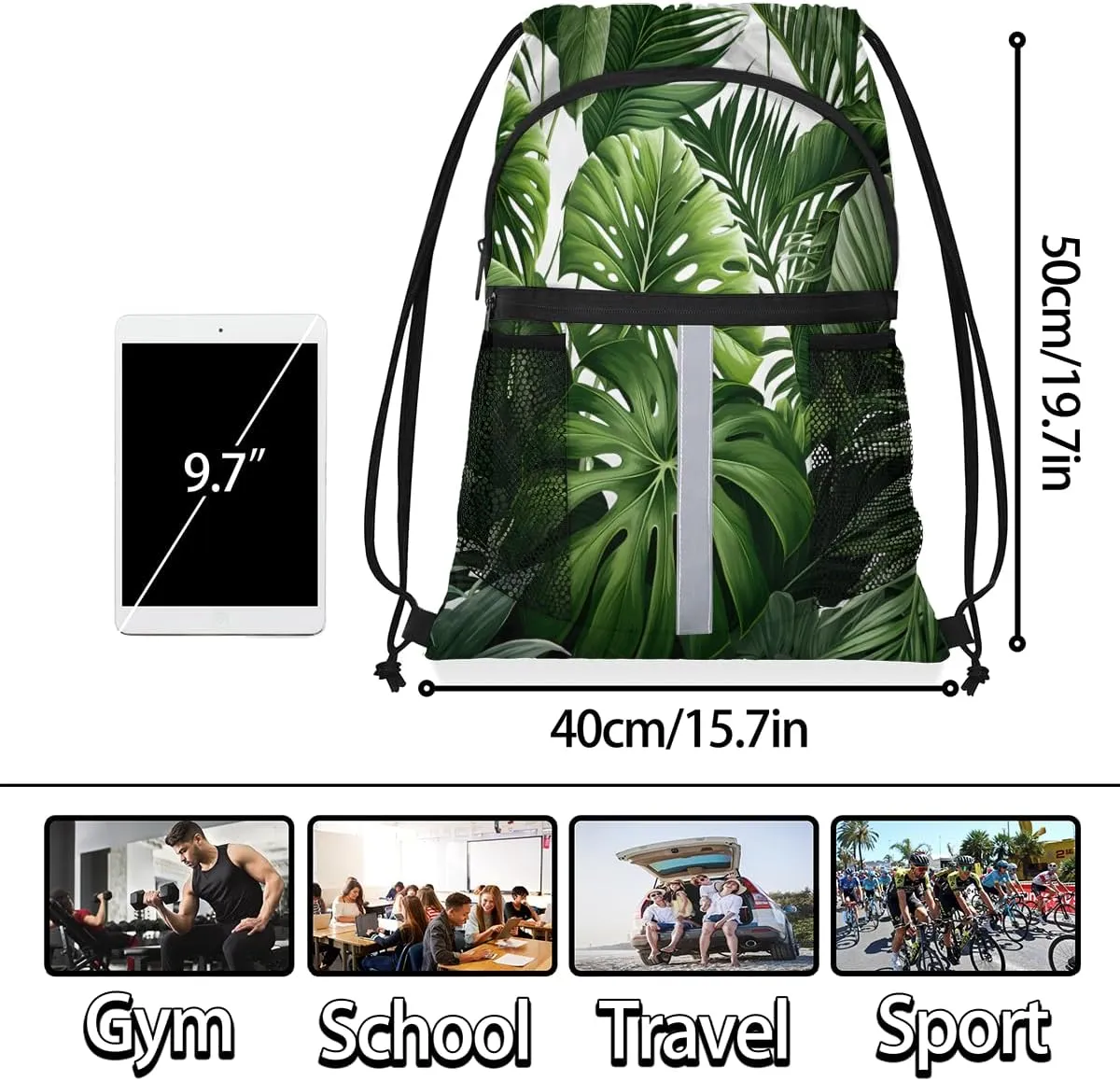 Tropical Green Plant Leaf Drawstring Backpack with Water Bottle Pocket Lightweight String Bag Botanical Jungle Design Sports Gym Swim Sackpack for Men Women