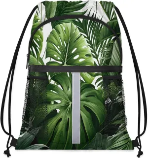 Tropical Green Plant Leaf Drawstring Backpack with Water Bottle Pocket Lightweight String Bag Botanical Jungle Design Sports Gym Swim Sackpack for Men Women