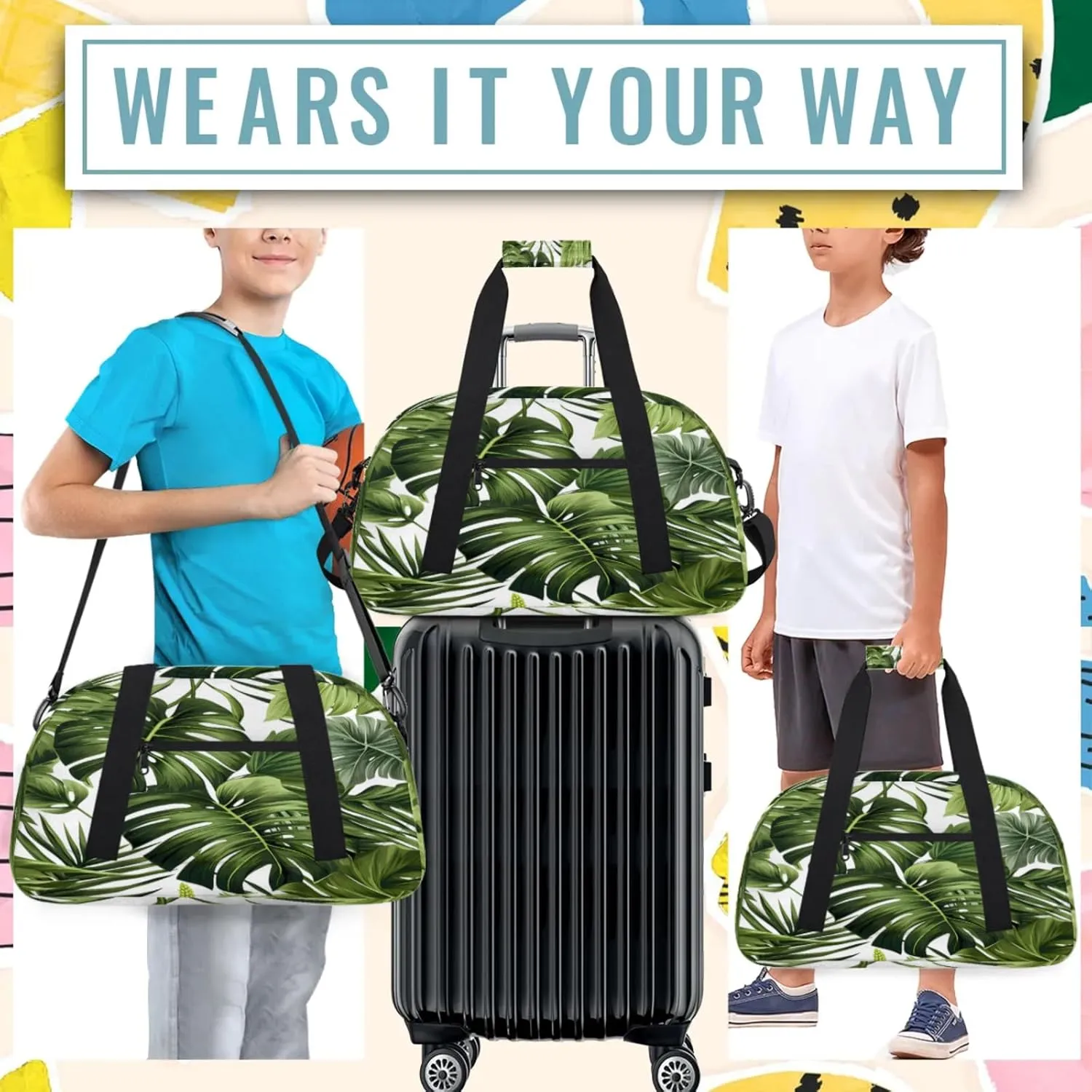 Tropical Plants Green Palms Leaf Banana Leaves Small Gym Bag 18 inch Carry On Duffel Bag for Weekender Travel Sports Workout Yoga Gymnastics Dance Ballet