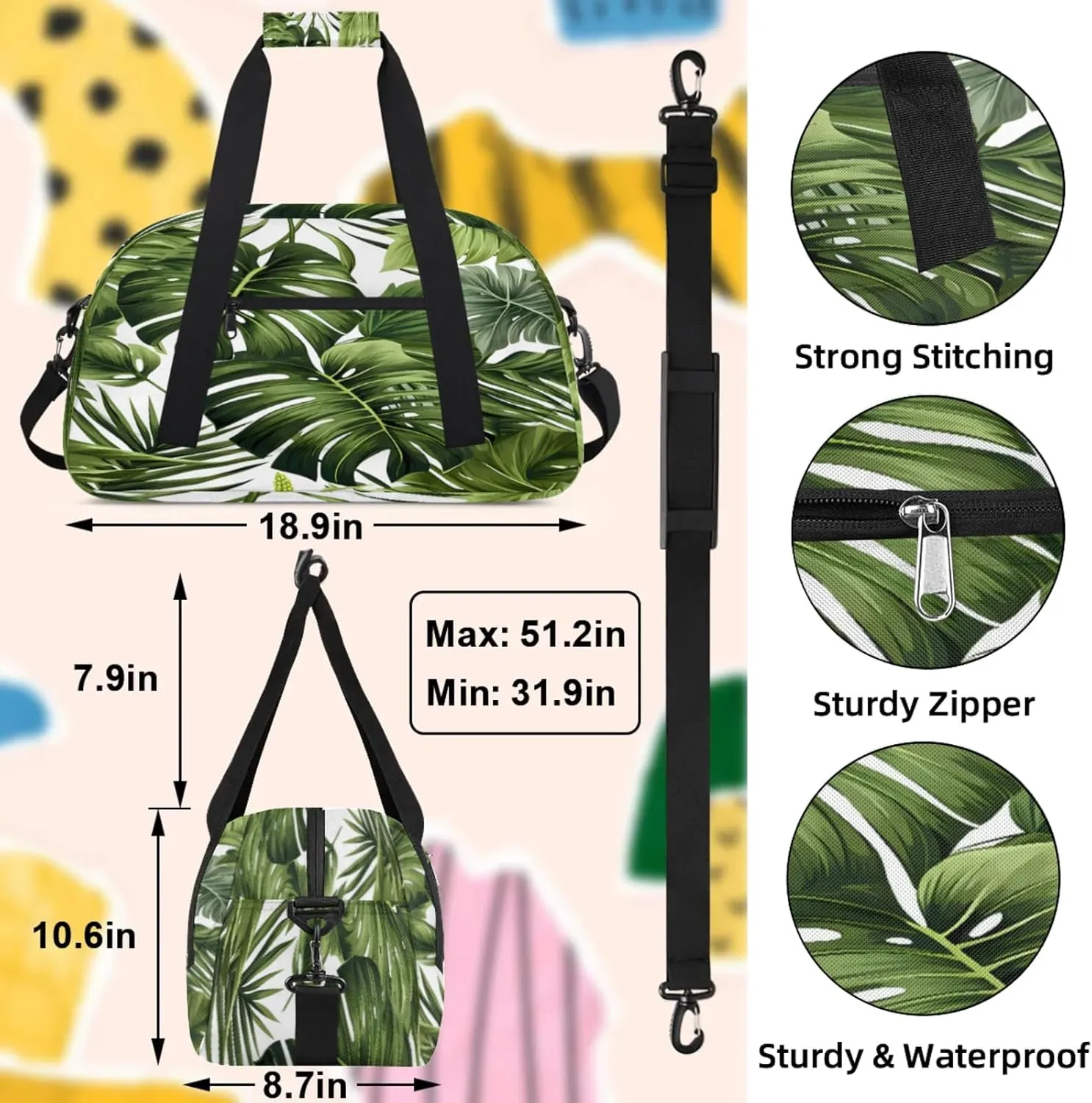 Tropical Plants Green Palms Leaf Banana Leaves Small Gym Bag 18 inch Carry On Duffel Bag for Weekender Travel Sports Workout Yoga Gymnastics Dance Ballet