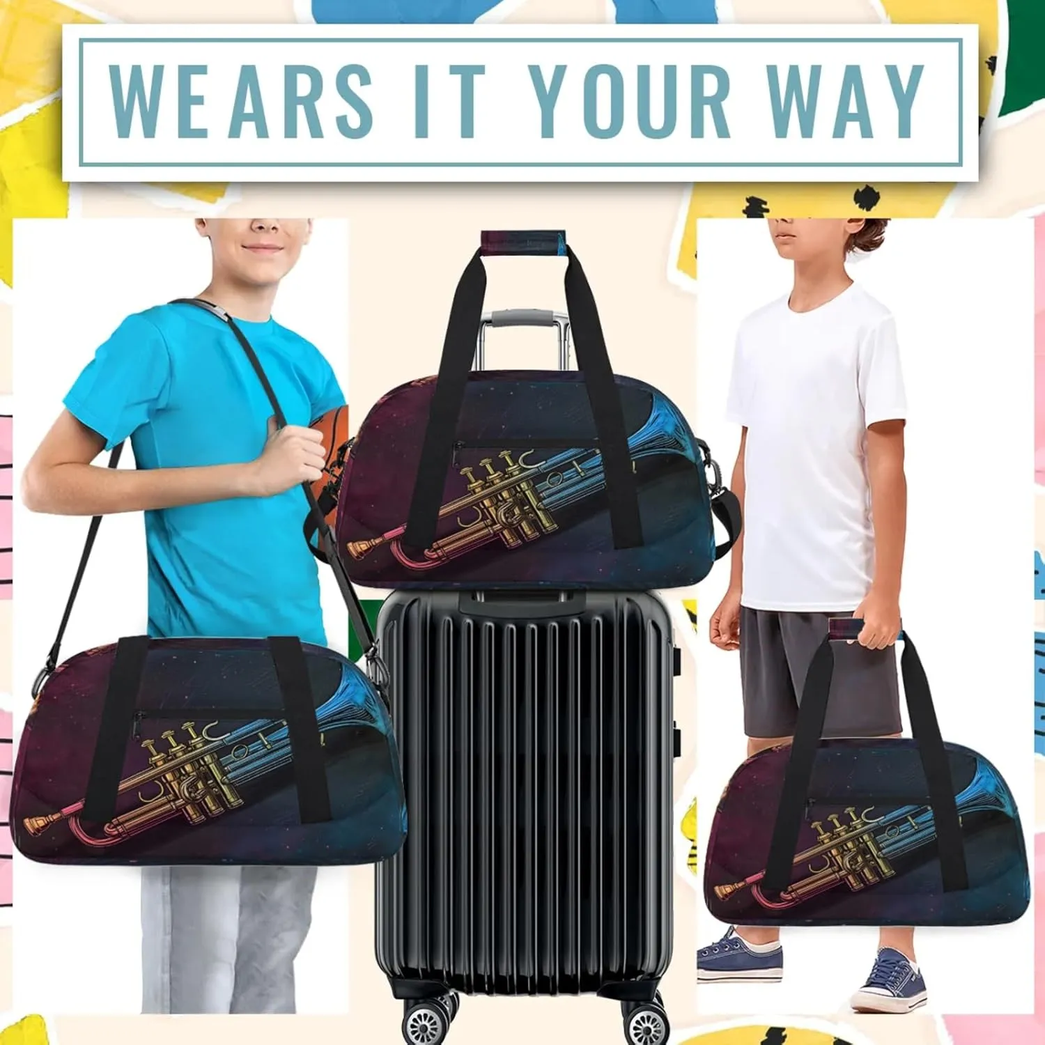 Trumpet Music Small Gym Bag 18 inch Carry On Duffel Bag for Weekender Travel Sports Workout Yoga Gymnastics Dance Ballet