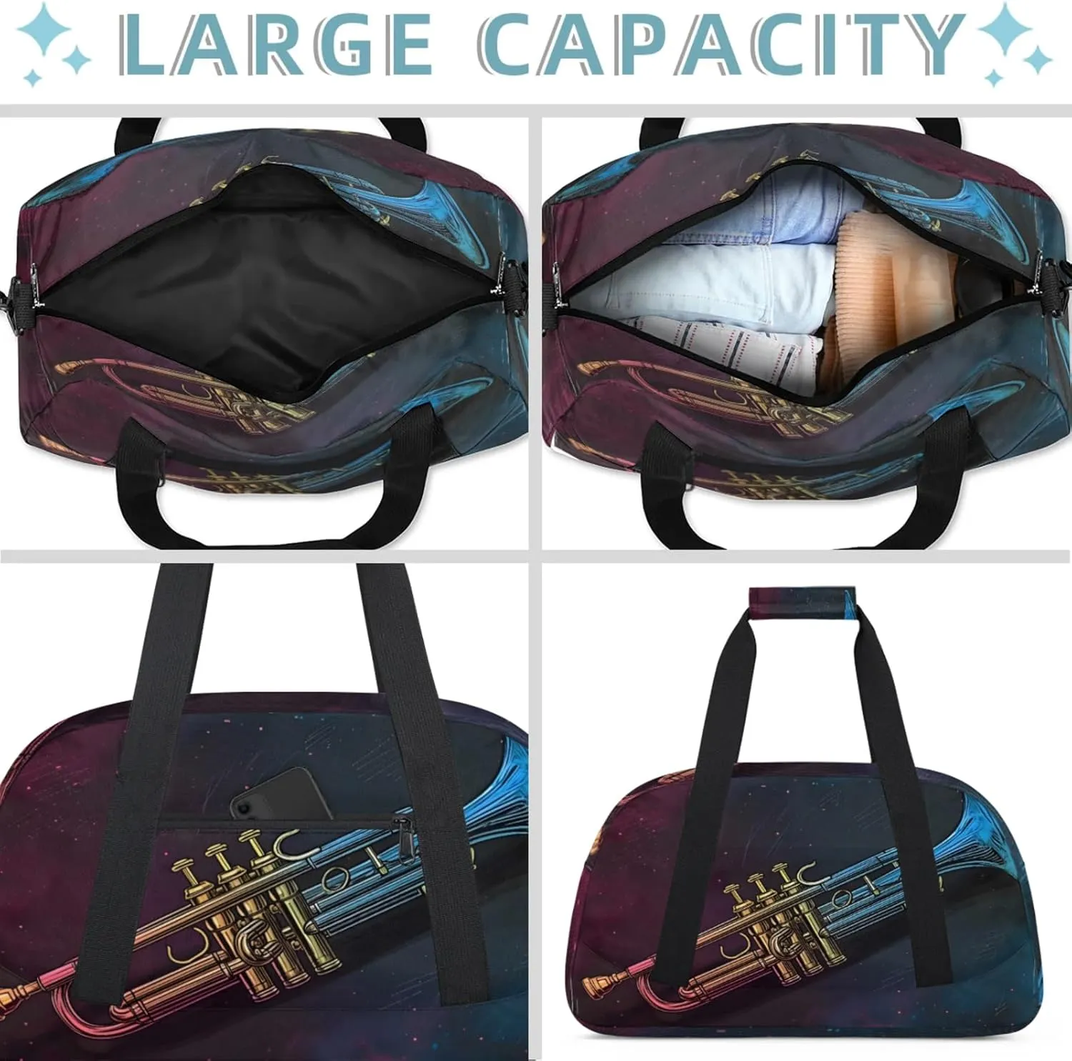 Trumpet Music Small Gym Bag 18 inch Carry On Duffel Bag for Weekender Travel Sports Workout Yoga Gymnastics Dance Ballet