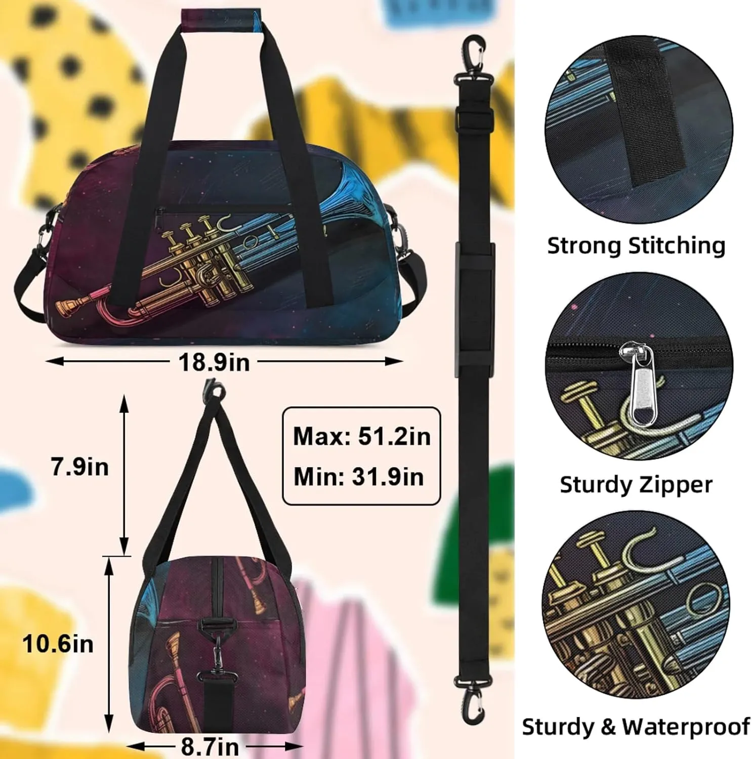 Trumpet Music Small Gym Bag 18 inch Carry On Duffel Bag for Weekender Travel Sports Workout Yoga Gymnastics Dance Ballet