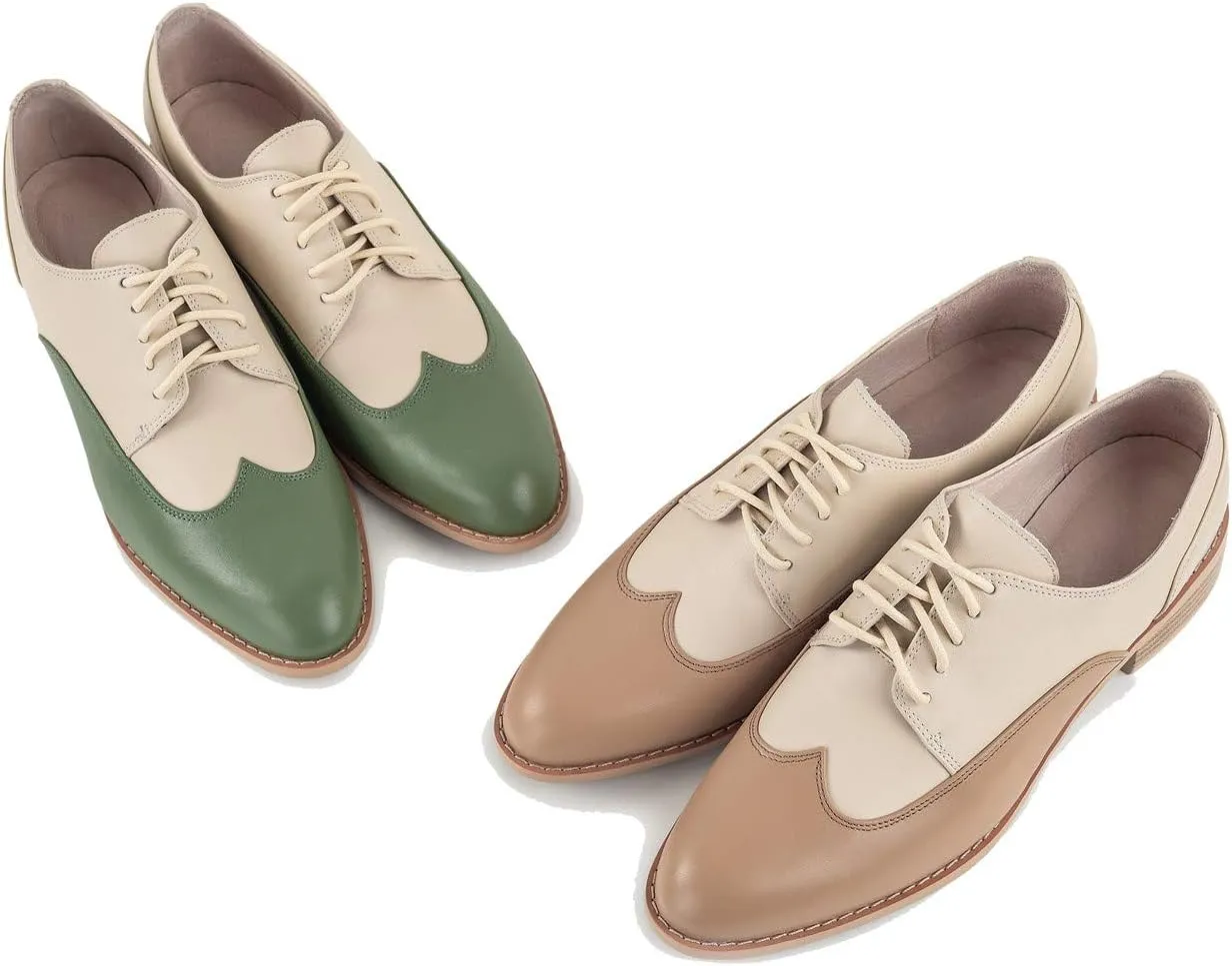 U-lite Womens Pointed-Toe Wintip Brouge Oxford Shoes Open-Vamp Vintage Shoes Green and Brown