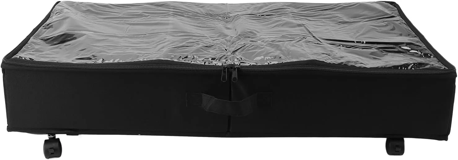 Under Bed Storage Organzier Drawer with Wheels Visible Lid Oxford Cloth Rolling Bins for Clothes and More (Black)