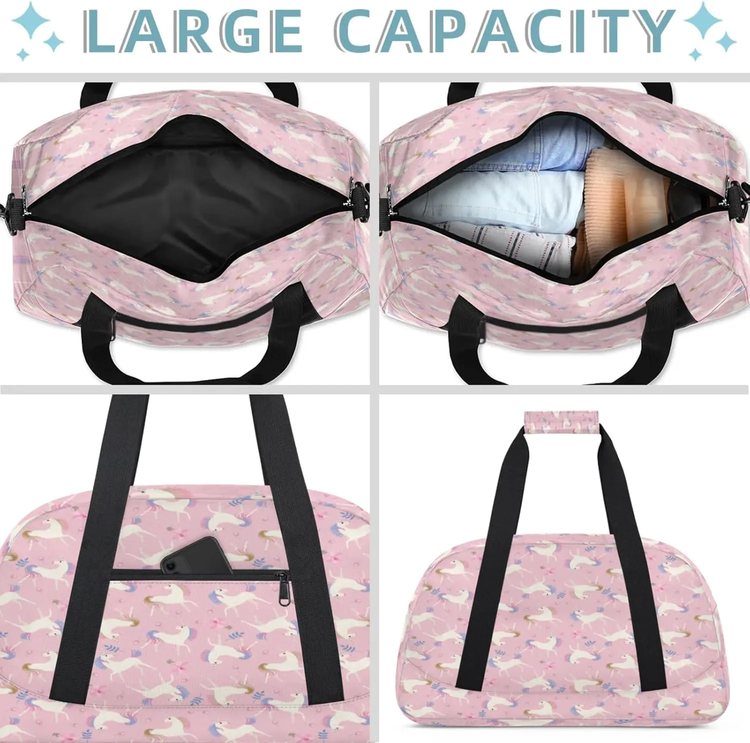 Unicorn Pattern Small Gym Bag 18 inch Carry On Duffel Bag for Weekender Travel Sports Workout Yoga Gymnastics Dance Ballet