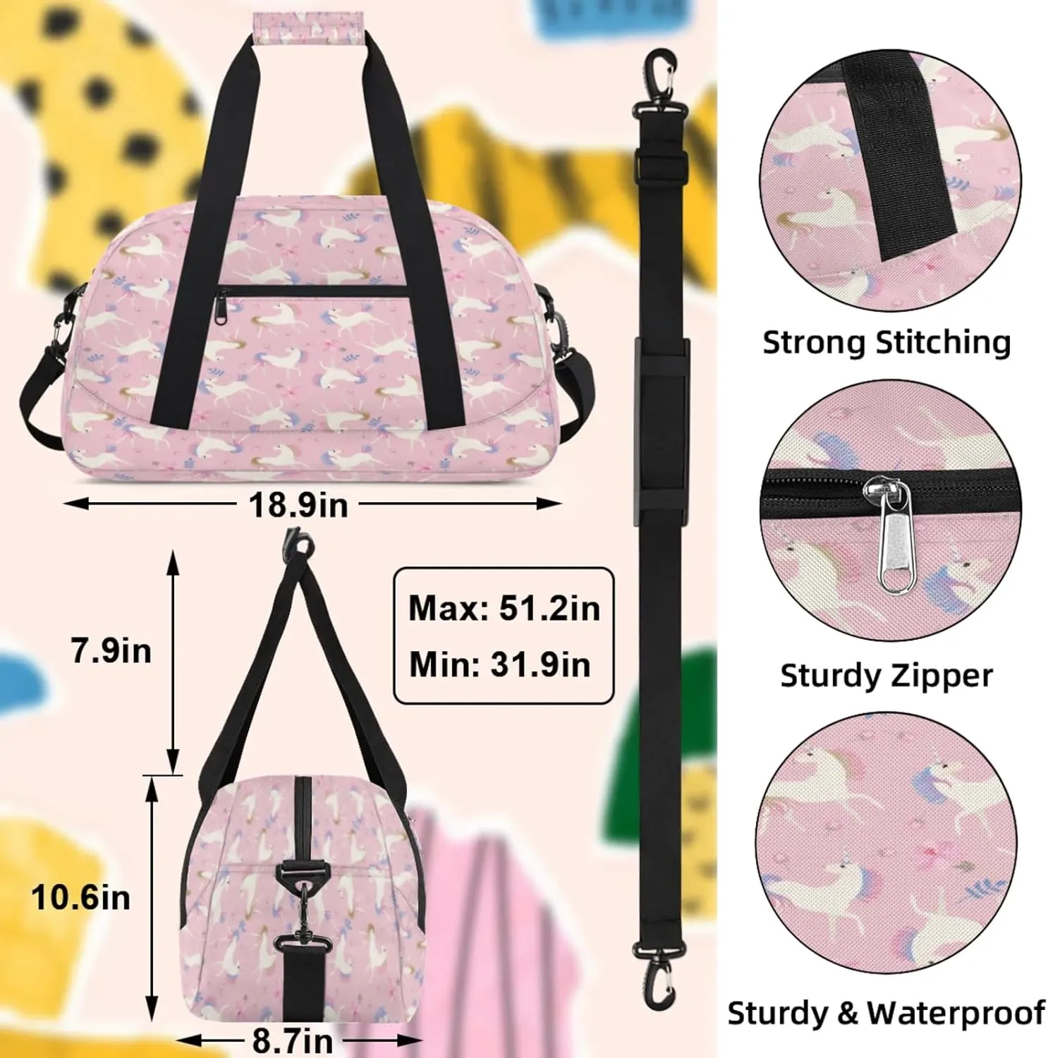 Unicorn Pattern Small Gym Bag 18 inch Carry On Duffel Bag for Weekender Travel Sports Workout Yoga Gymnastics Dance Ballet