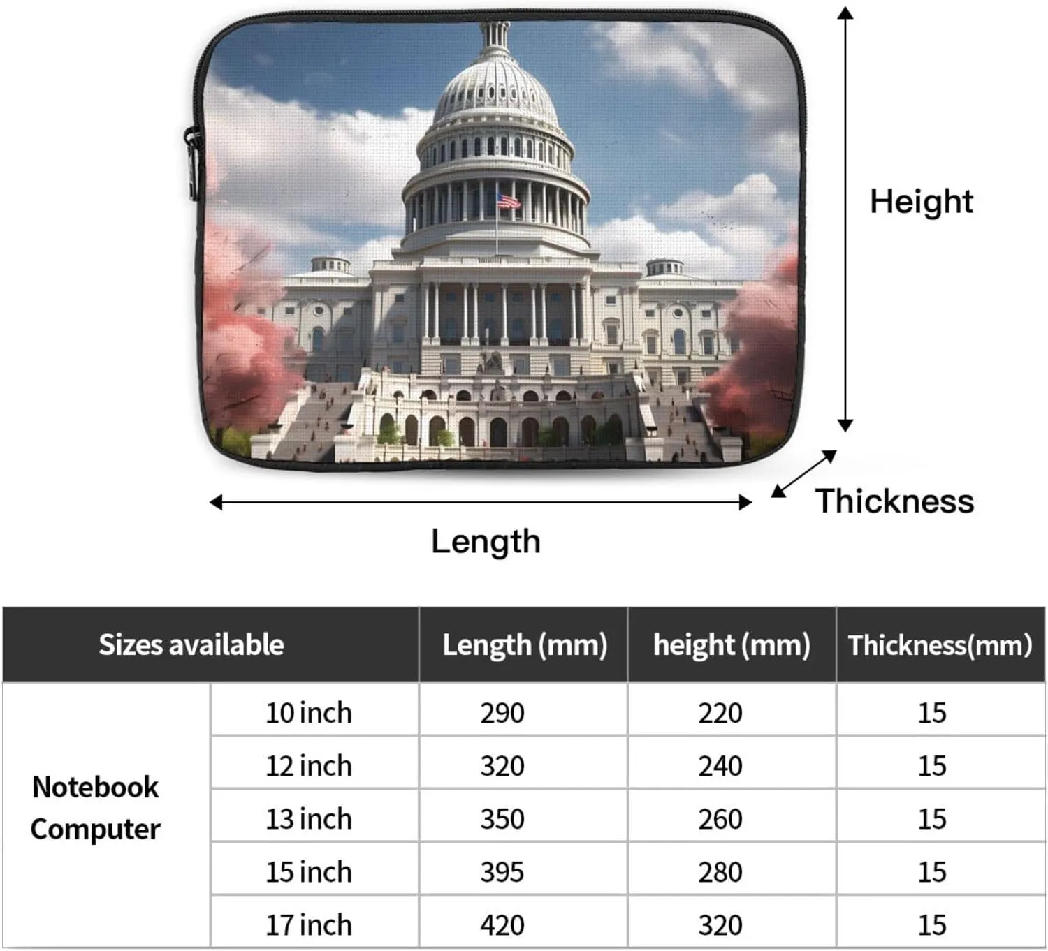 United States Capitol Pattern Shockproof Portable Laptop 13 inch Sleeve Bag for Men and Women - Ideal for Business Travel, School, and Daily Use