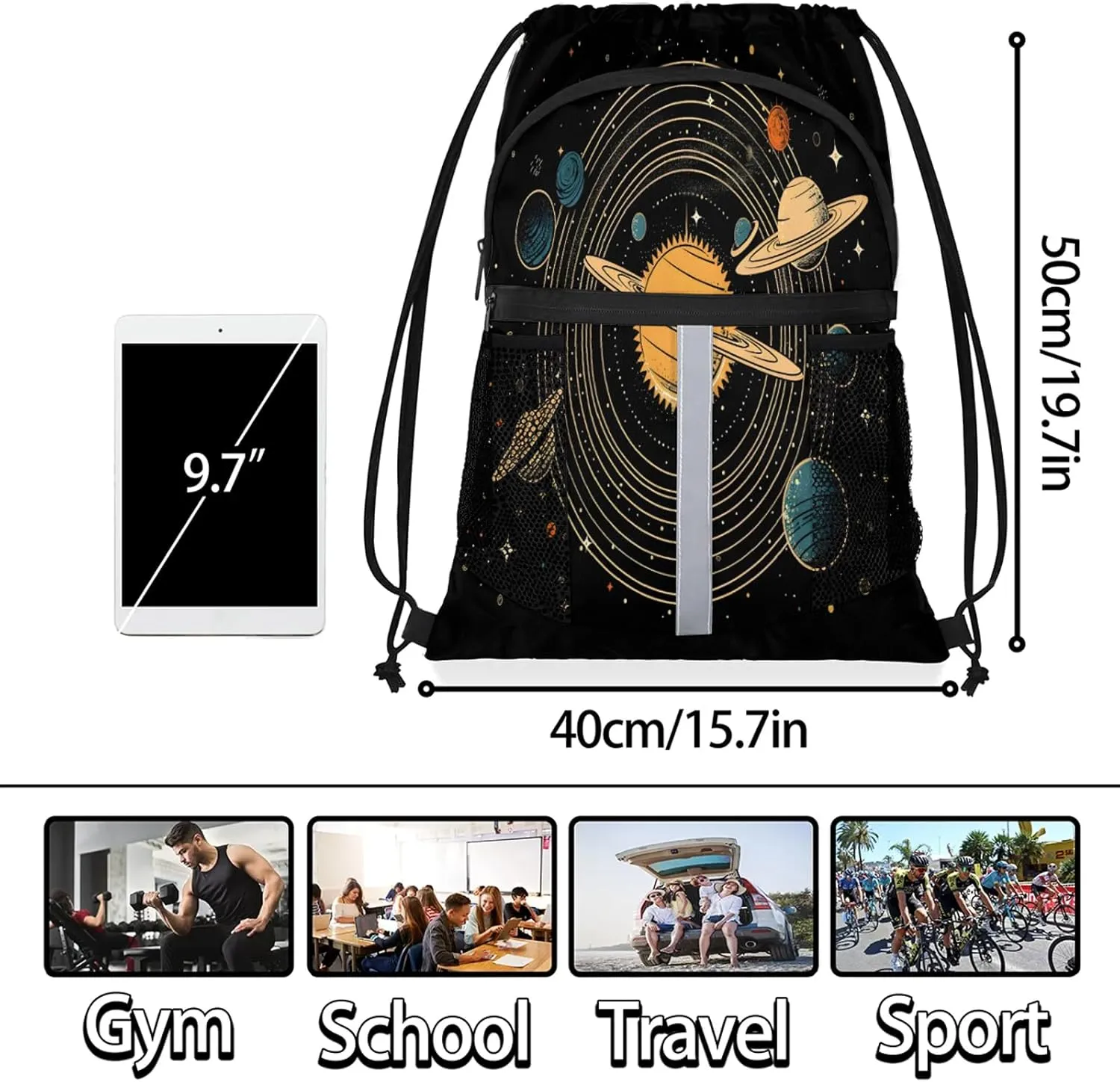 Universe Solar System Planets Drawstring Backpack String Bag, Waterproof Sports Gym Swim Sackpack with Mesh Pocket for Men Women